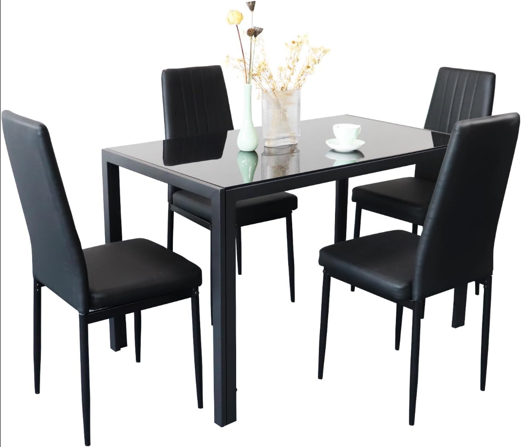 Super Stable Dining Table Set for 4, 5-Piece Kitchen Table and Chairs for 4, Modern Glass Dining Room Table & PU Leather Metal Chairs, Kitchen Table Set for Small Spaces, Breakfast Nook, Black