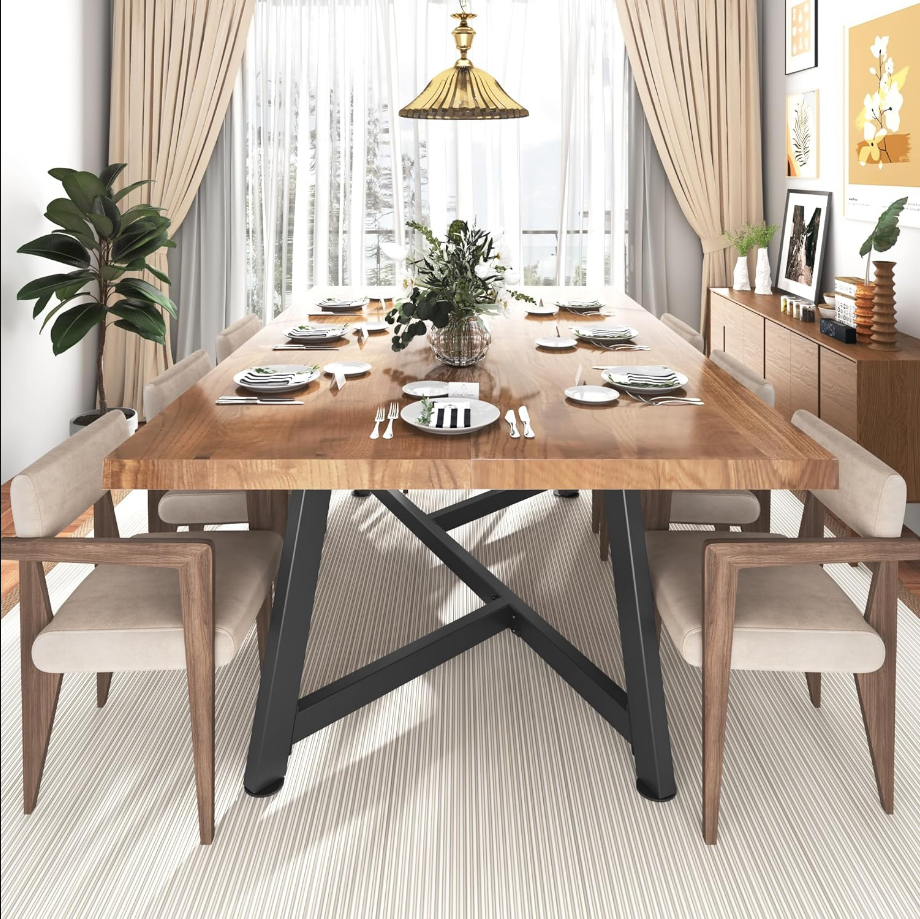 72-inch Solid Wood Dining Table for 6-10 People, Waterproof Rectangular Table with Adjustable Metal Legs for Dining Room/Office
