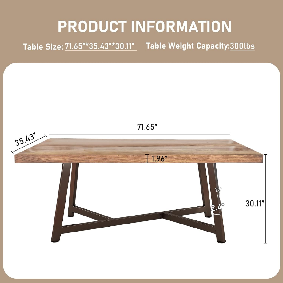 72-inch Solid Wood Dining Table for 6-10 People, Waterproof Rectangular Table with Adjustable Metal Legs for Dining Room/Office