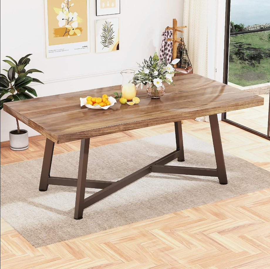 72-inch Solid Wood Dining Table for 6-10 People, Waterproof Rectangular Table with Adjustable Metal Legs for Dining Room/Office