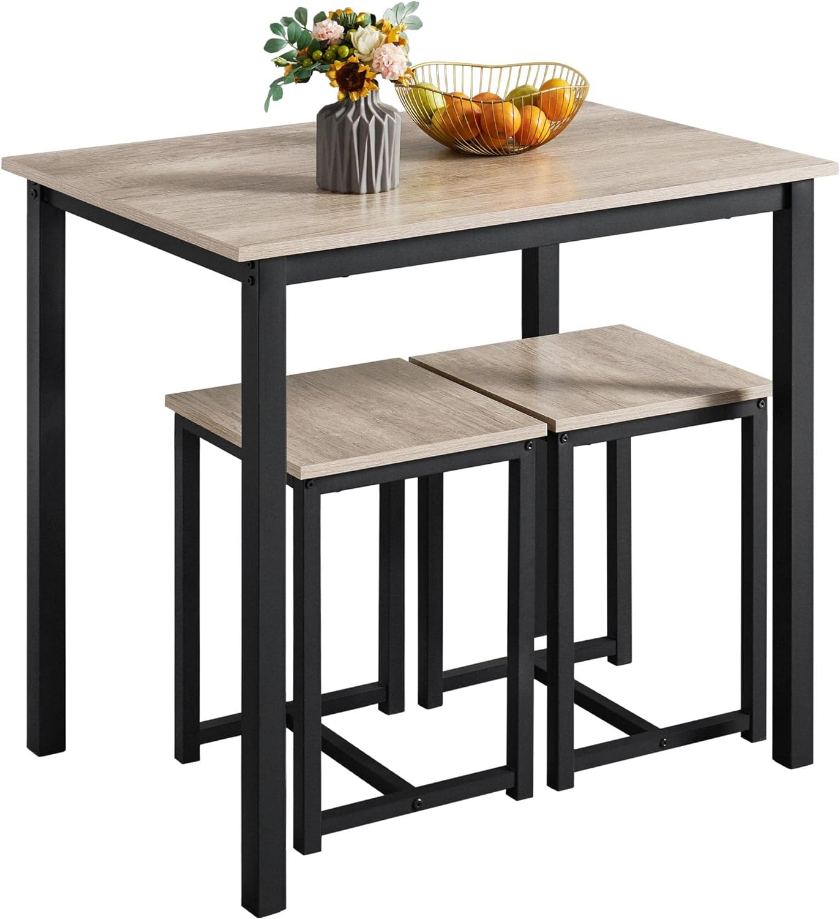 3 Piece Dining Table Set - Kitchen Table & Chair Sets for 2 - Compact Table w/ 2 Stools & Space Saving Design for Dining Room Living Room Kitchen, Gray