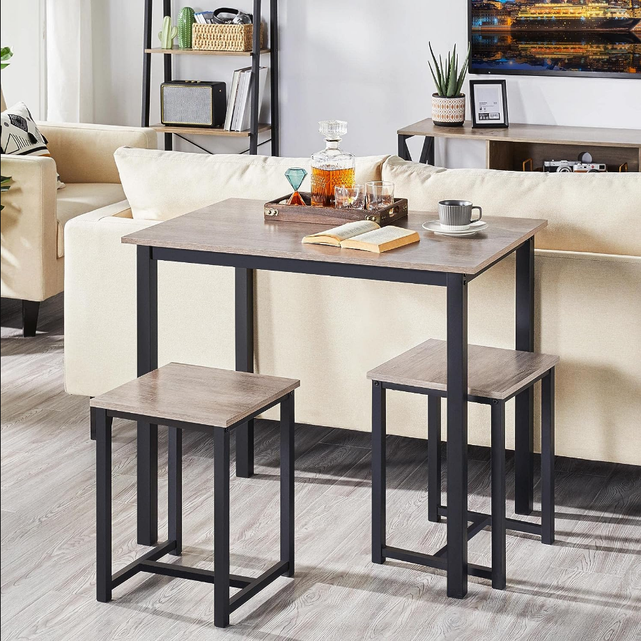 3 Piece Dining Table Set - Kitchen Table & Chair Sets for 2 - Compact Table w/ 2 Stools & Space Saving Design for Dining Room Living Room Kitchen, Gray