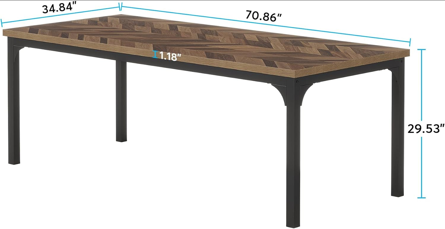 Farmhouse Dining Table for 6-8, 70.9 Inch Rectangular Wood Kitchen Table with Heavy Duty Metal Legs, Industrial Dinner Table for Dining Room, Living Room, Brown