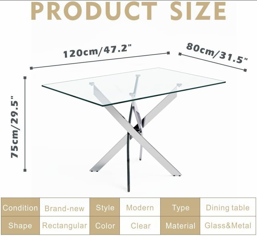 5 Piece Dining Table Table Set, Glass Dining Table Set for 4 Kitchen Table Set with 4 upholstered Chairs for Kitchen Dining Room (Sliver Table with White Chair)