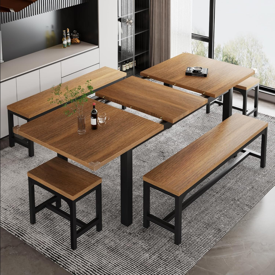 5-Piece Dining Table Set for 4-8 People, Extendable Kitchen Table Set with 2 Benches and 2 Square Stools, Mid Century Dining Room Table with Metal Frame & MDF Board, Saving Space, Walnut