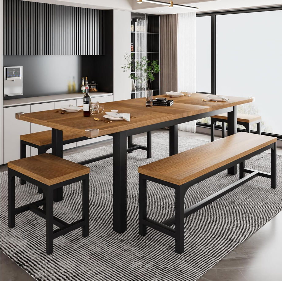 5-Piece Dining Table Set for 4-8 People, Extendable Kitchen Table Set with 2 Benches and 2 Square Stools, Mid Century Dining Room Table with Metal Frame & MDF Board, Saving Space, Walnut