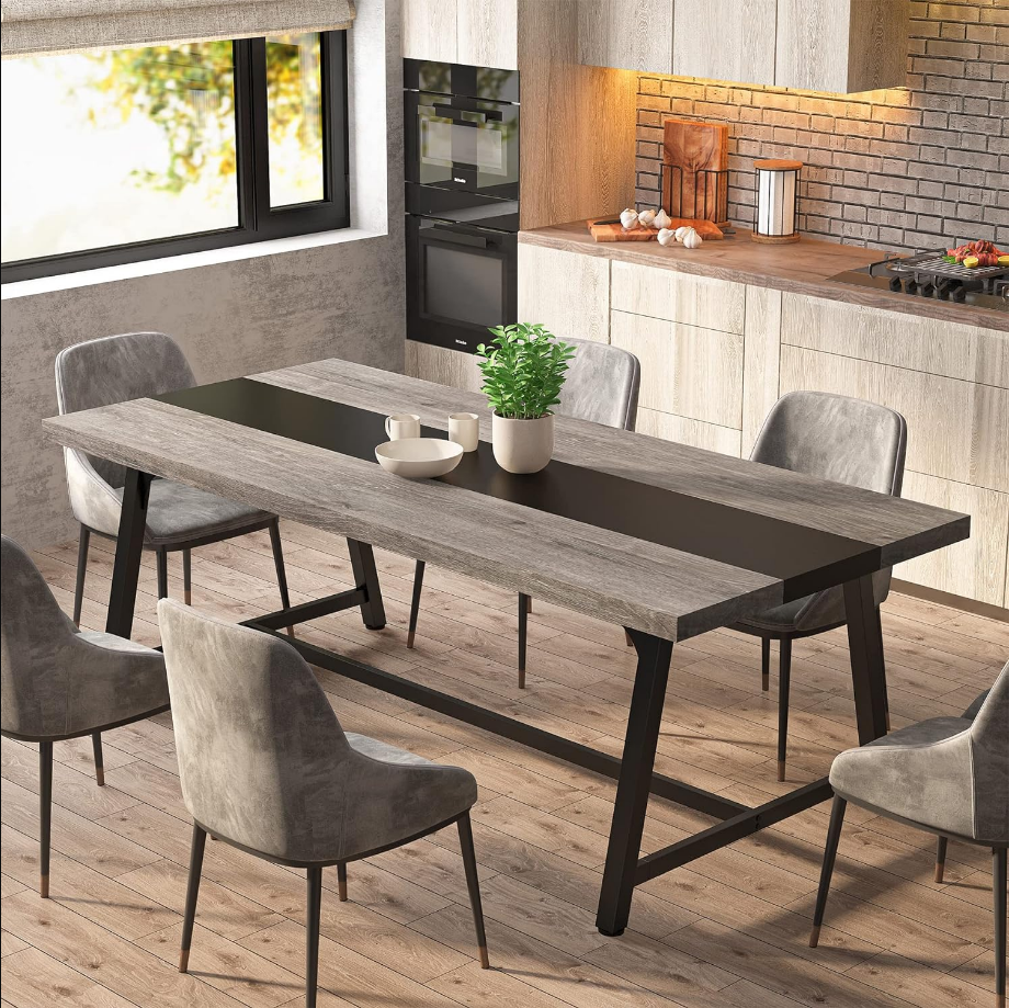 Dining Table for 8 People, 70.87-inch Rectangular Wood Kitchen Table with Strong Metal Frame, Industrial Large Long Dining Room Table for Big Family (Gray)