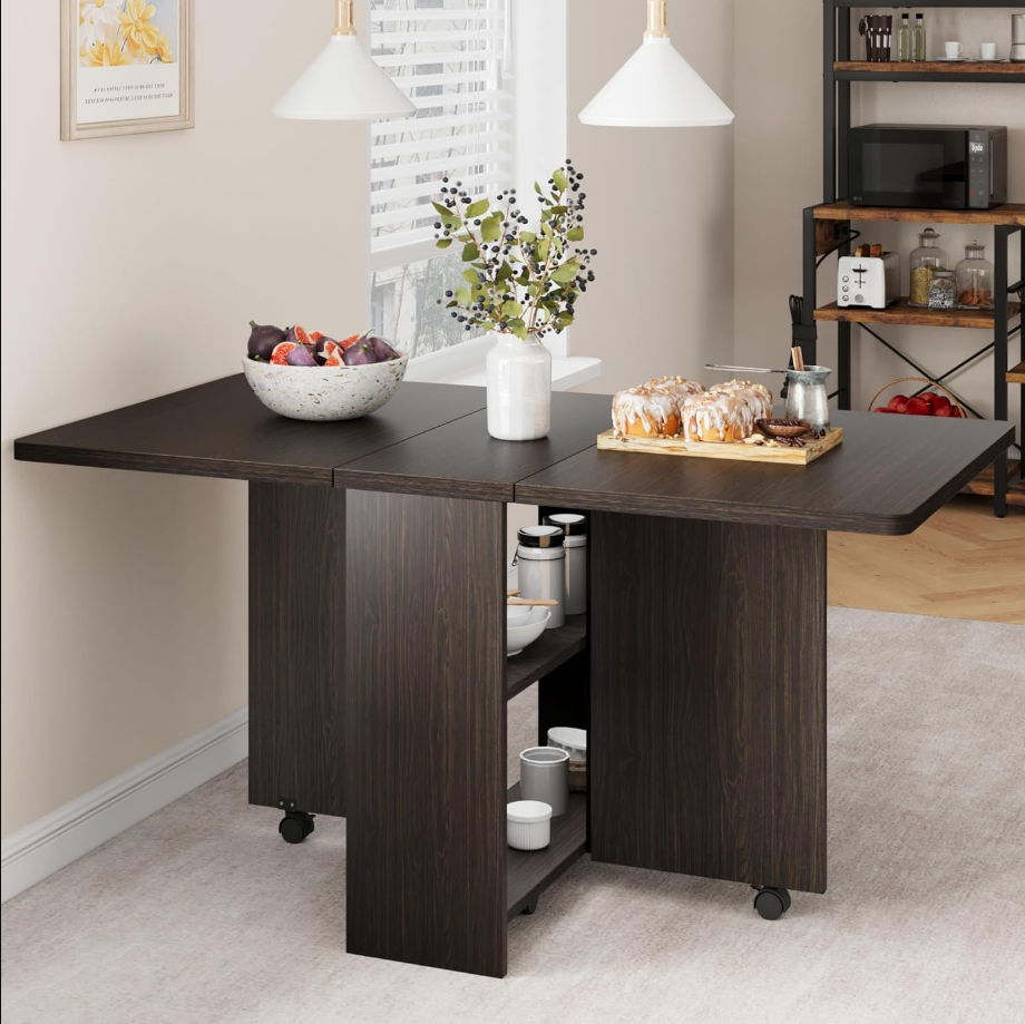 Space Saving Folding Dining Table with 2 Tier Storage-Extendable Drop Leaf Farmhouse Wood Kitchen Dining Room Tables Set for 4, Collapsible Expandable Rectangle Dinner Kitchen Office Furniture