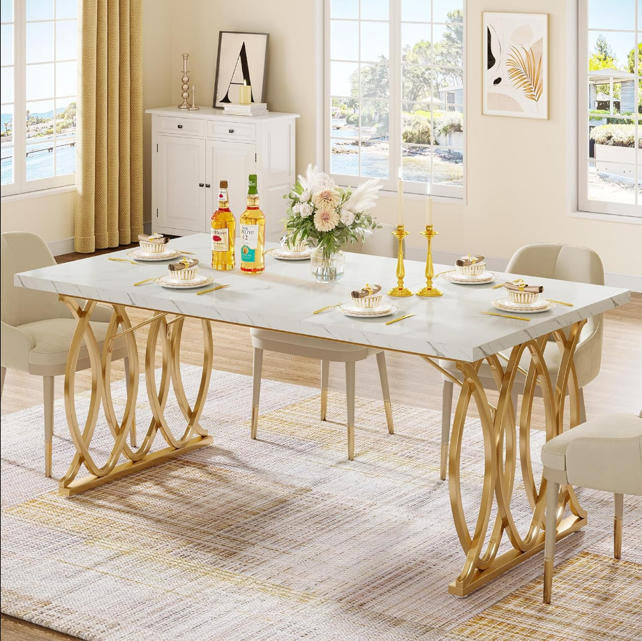 Modern Dining Table for 4-6 People, 63" Large Rectangular Kitchen Table with Faux Marble Tabletop and Gold Geometric Legs, Unique Dinner Table Kitchen & Dining Room Furniture, White & Gold
