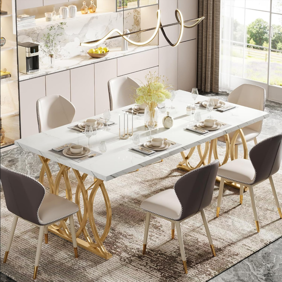 Modern Dining Table for 4-6 People, 63" Large Rectangular Kitchen Table with Faux Marble Tabletop and Gold Geometric Legs, Unique Dinner Table Kitchen & Dining Room Furniture, White & Gold