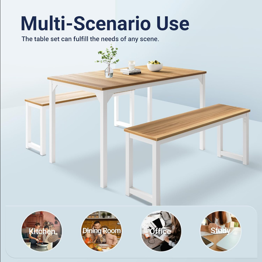 Modern 3-Piece Dining Table Set for 4, Sturdy Metal Frame Structure, Space-Saving for Kitchen/Dining Room/Living Room/Studio, Brown/White