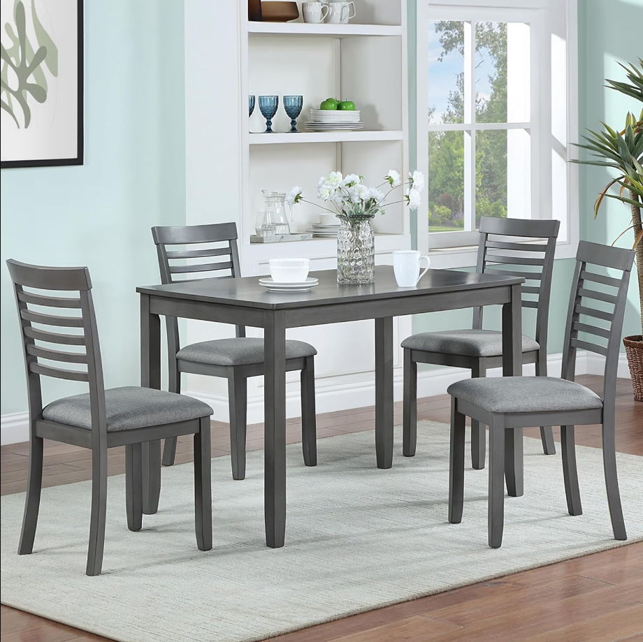 5 Piece Dining Table Set, Solid Wood Dining Table Set with Rectangular Table and 4 Upholstered Chairs for Small Space, Grey