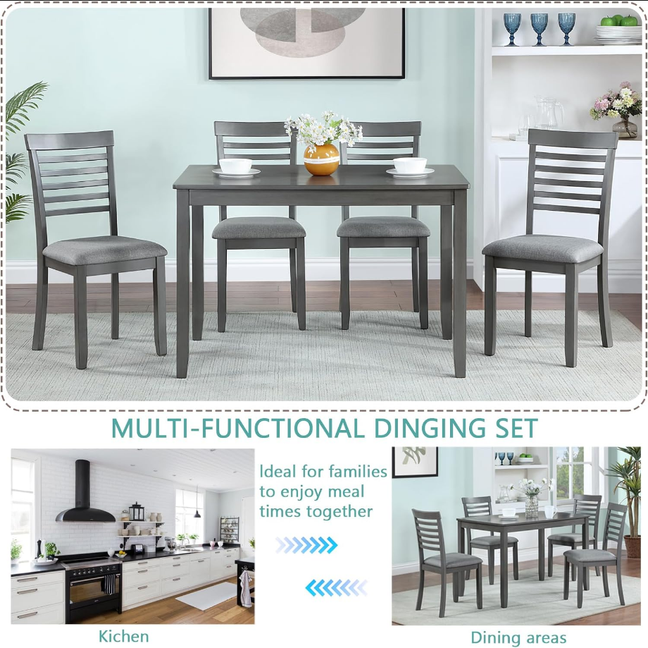5 Piece Dining Table Set, Solid Wood Dining Table Set with Rectangular Table and 4 Upholstered Chairs for Small Space, Grey
