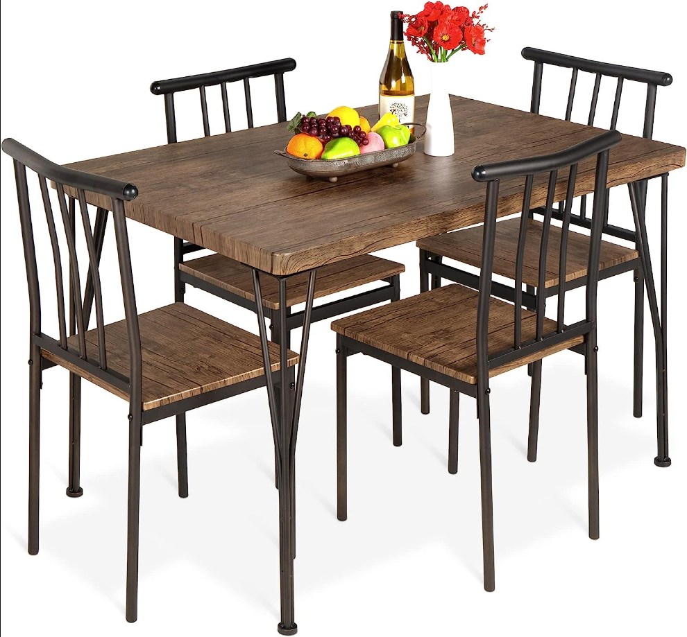 5-Piece Metal and Wood Indoor Modern Rectangular Dining Table Furniture Set for Kitchen, Dining Room, Dinette, Breakfast Nook w/ 4 Chairs - Drift Brown