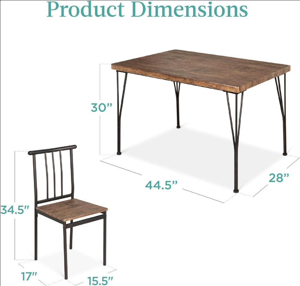 5-Piece Metal and Wood Indoor Modern Rectangular Dining Table Furniture Set for Kitchen, Dining Room, Dinette, Breakfast Nook w/ 4 Chairs - Drift Brown