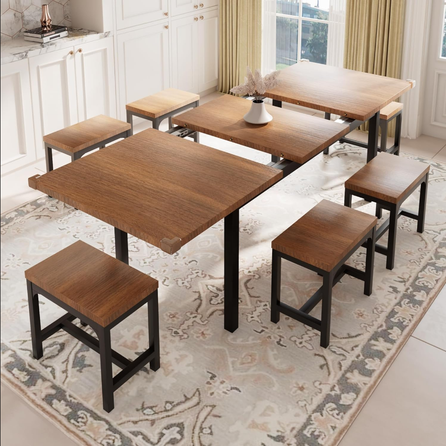 7-Piece Dining Table Set for 4-8, 63" Large Extendable Kitchen Table Set with 6 Stools, Modern Dining Room Table with Heavy-Duty Frame, Easy Assembly, Walnut