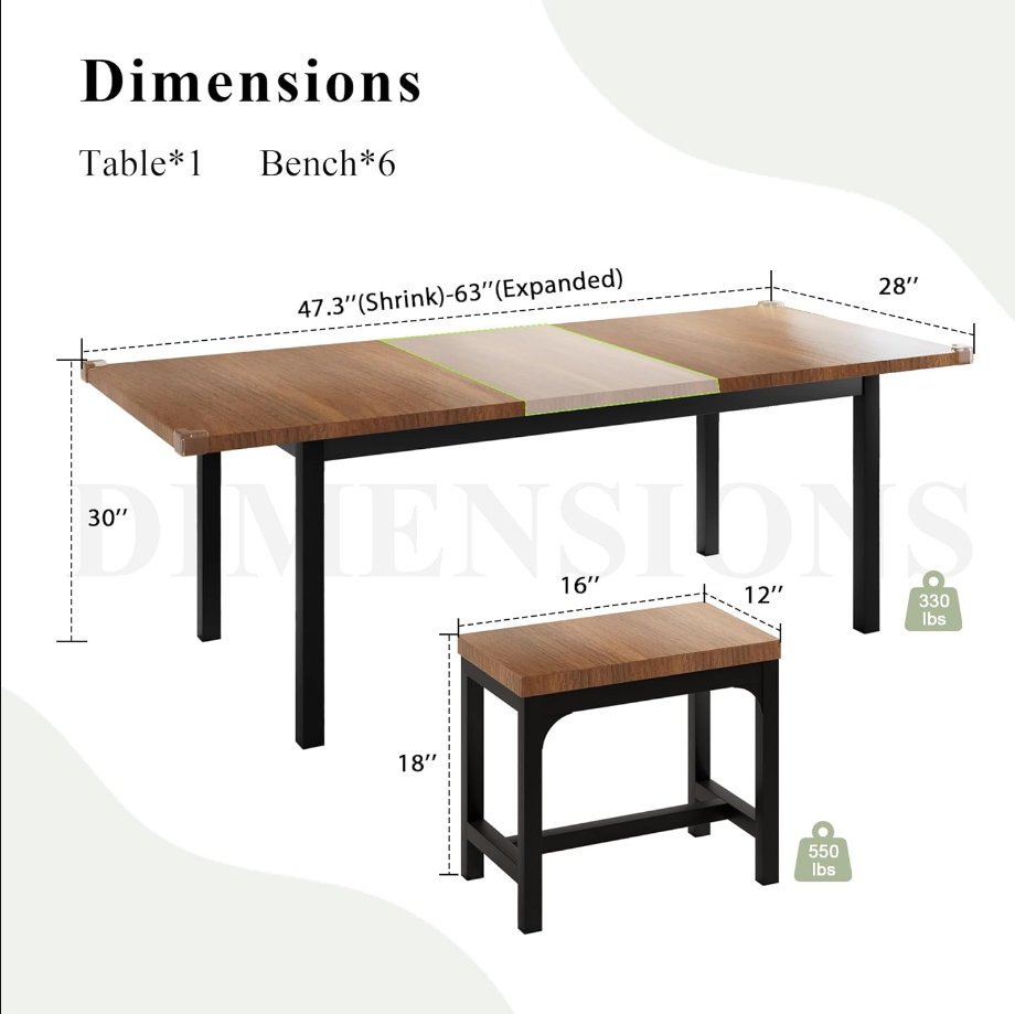 7-Piece Dining Table Set for 4-8, 63" Large Extendable Kitchen Table Set with 6 Stools, Modern Dining Room Table with Heavy-Duty Frame, Easy Assembly, Walnut