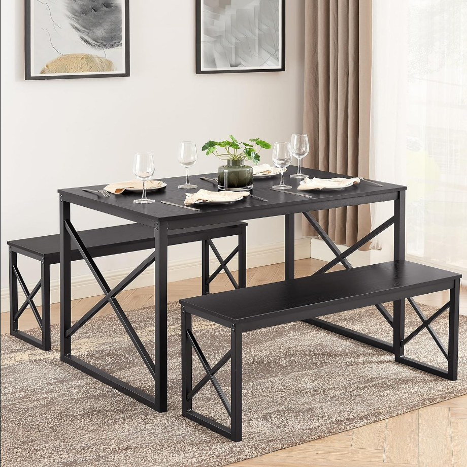 Kitchen Table with 2 Benches for 4, Wood Dining Room Dinette Sets with Metal Frame for Breakfast Nook and Small Space, 43.3", Black