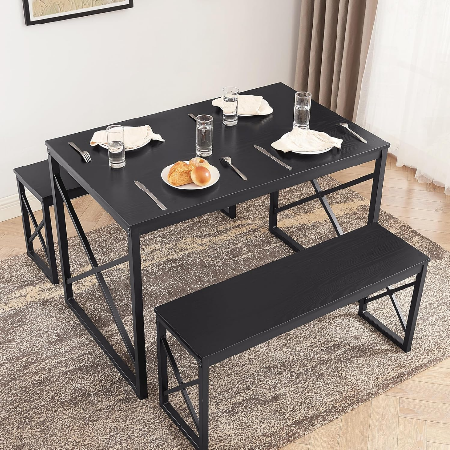 Kitchen Table with 2 Benches for 4, Wood Dining Room Dinette Sets with Metal Frame for Breakfast Nook and Small Space, 43.3", Black
