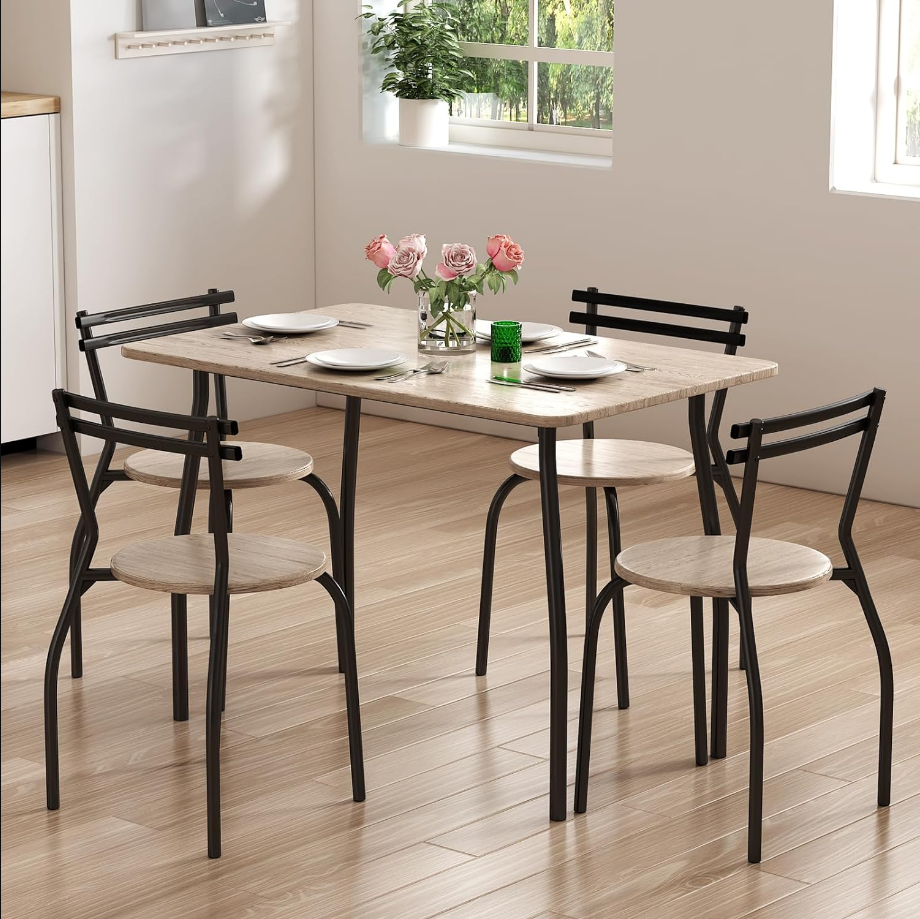 Dining Table Set for 4, 5-Piece Kitchen Table and Chairs for 4, Metal Frame with Wood Top, Modern Small Dining Table Set Ideal for Dining Room, Small Space, Apartment (Black+Wood)