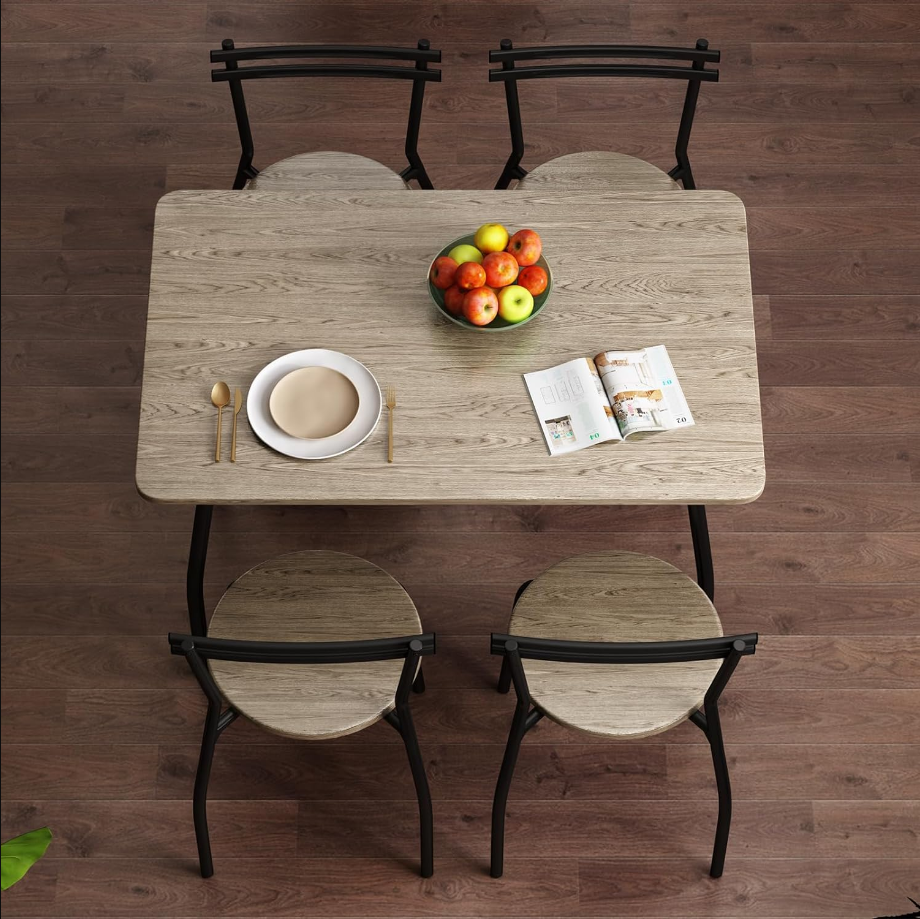 Dining Table Set for 4, 5-Piece Kitchen Table and Chairs for 4, Metal Frame with Wood Top, Modern Small Dining Table Set Ideal for Dining Room, Small Space, Apartment (Black+Wood)