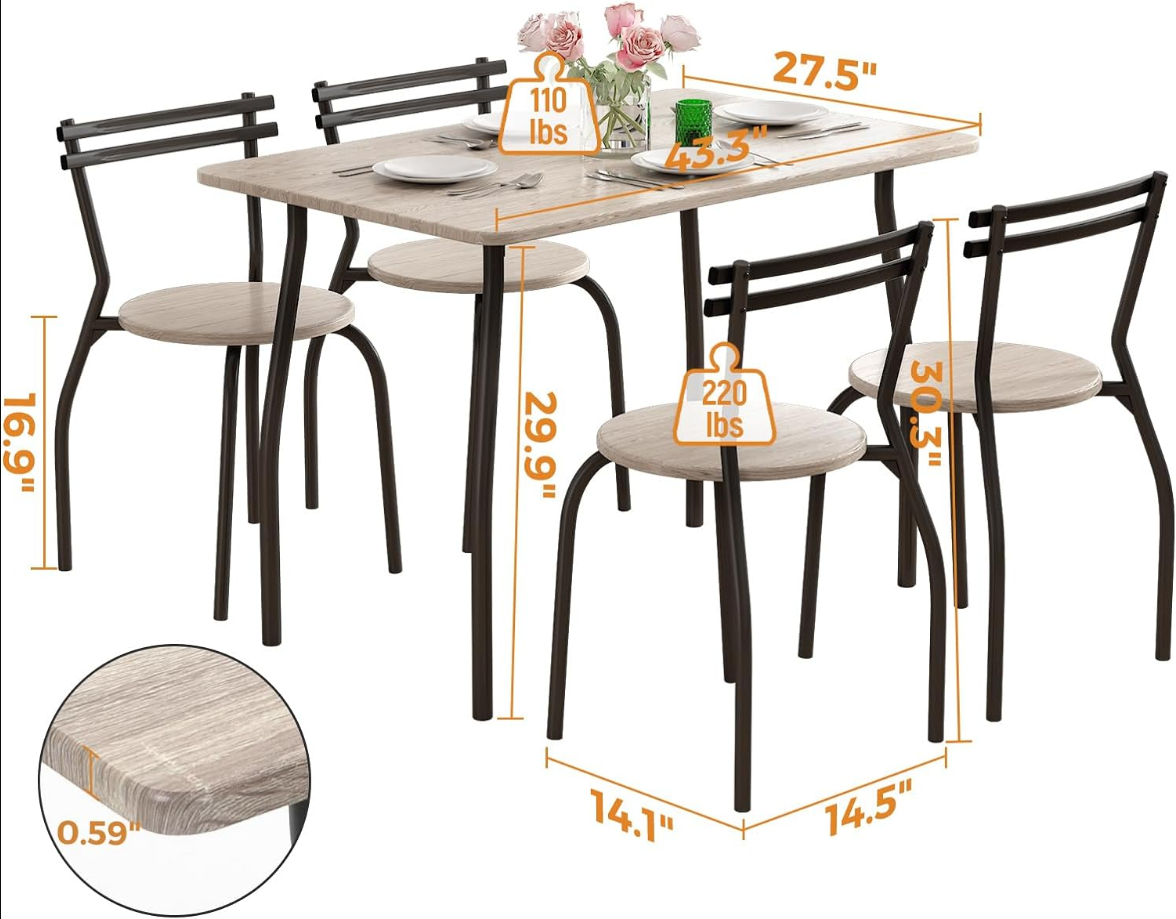 Dining Table Set for 4, 5-Piece Kitchen Table and Chairs for 4, Metal Frame with Wood Top, Modern Small Dining Table Set Ideal for Dining Room, Small Space, Apartment (Black+Wood)