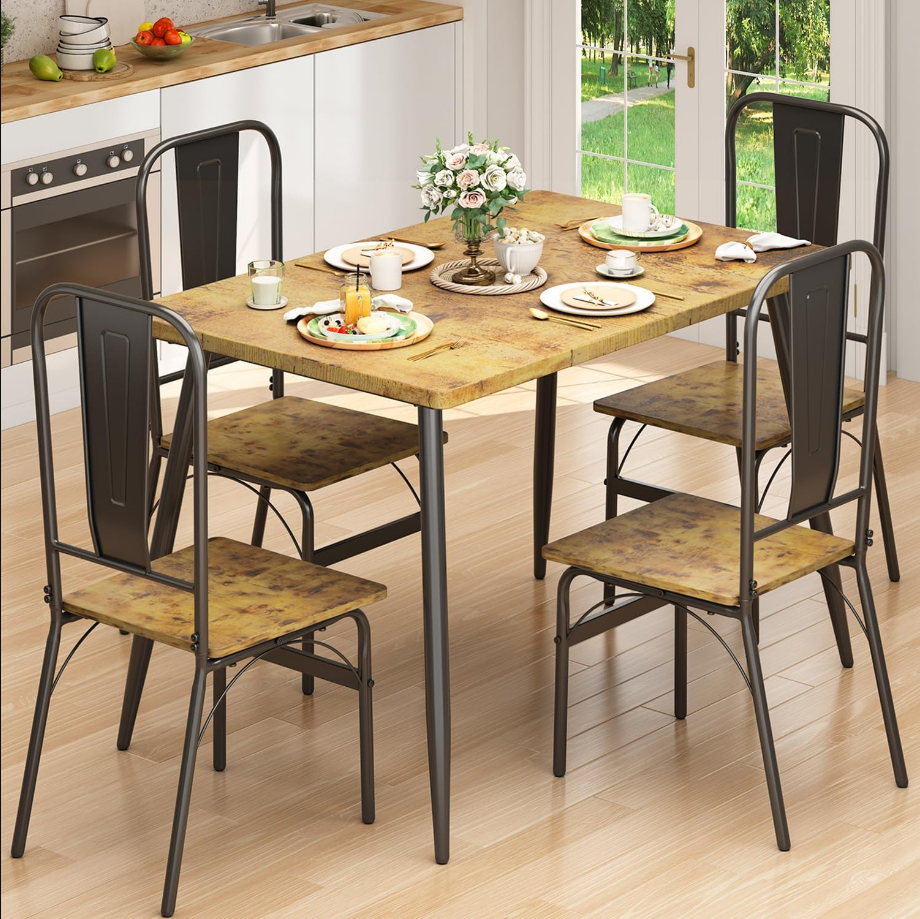 Dining Table Set for 4, 5-Piece Kitchen Table and Chairs Set with 4 Chairs for Small Space, Apt, Heavy-Duty (Retro)