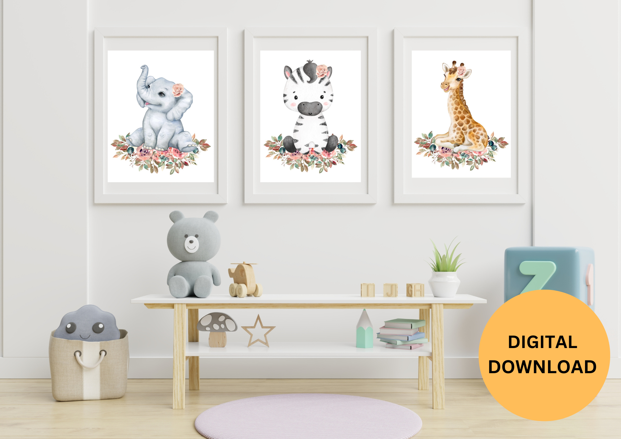 kids bedroom or  Nursery Prints Set of 3 - Baby Animal Prints Nursery Decor, Elephant Nursery Art, Giraffe Nursery Decor, zebra Nursery Decor