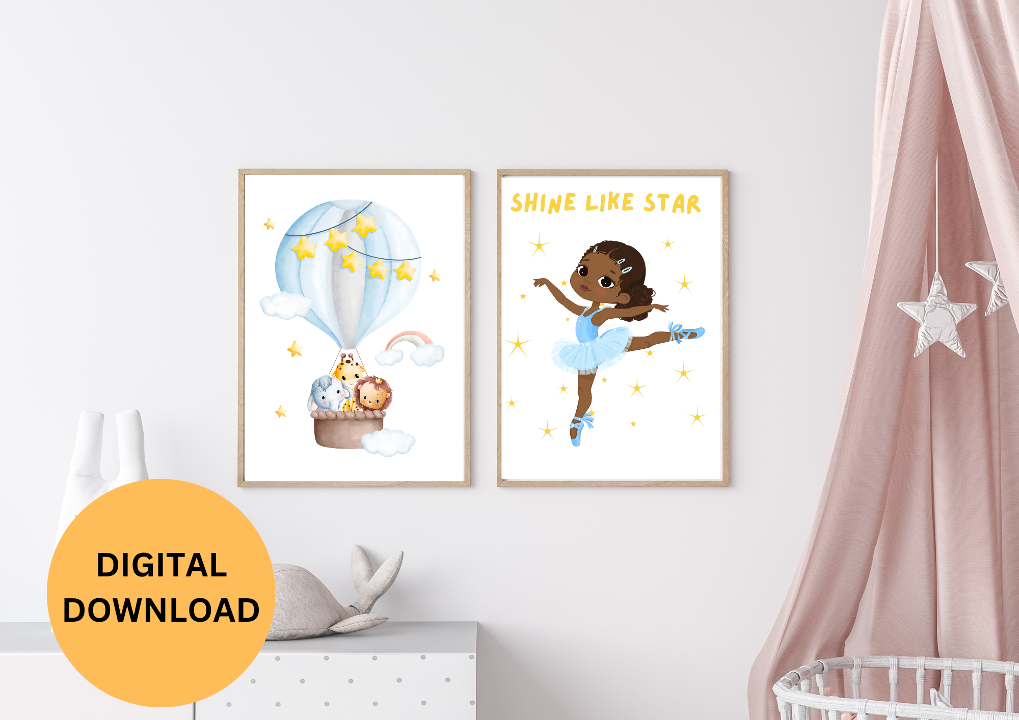NURSERY KIDS WALL ART, 2 PIECE ,BLUE HOT AIR BALLOON, DANCING GIRL 