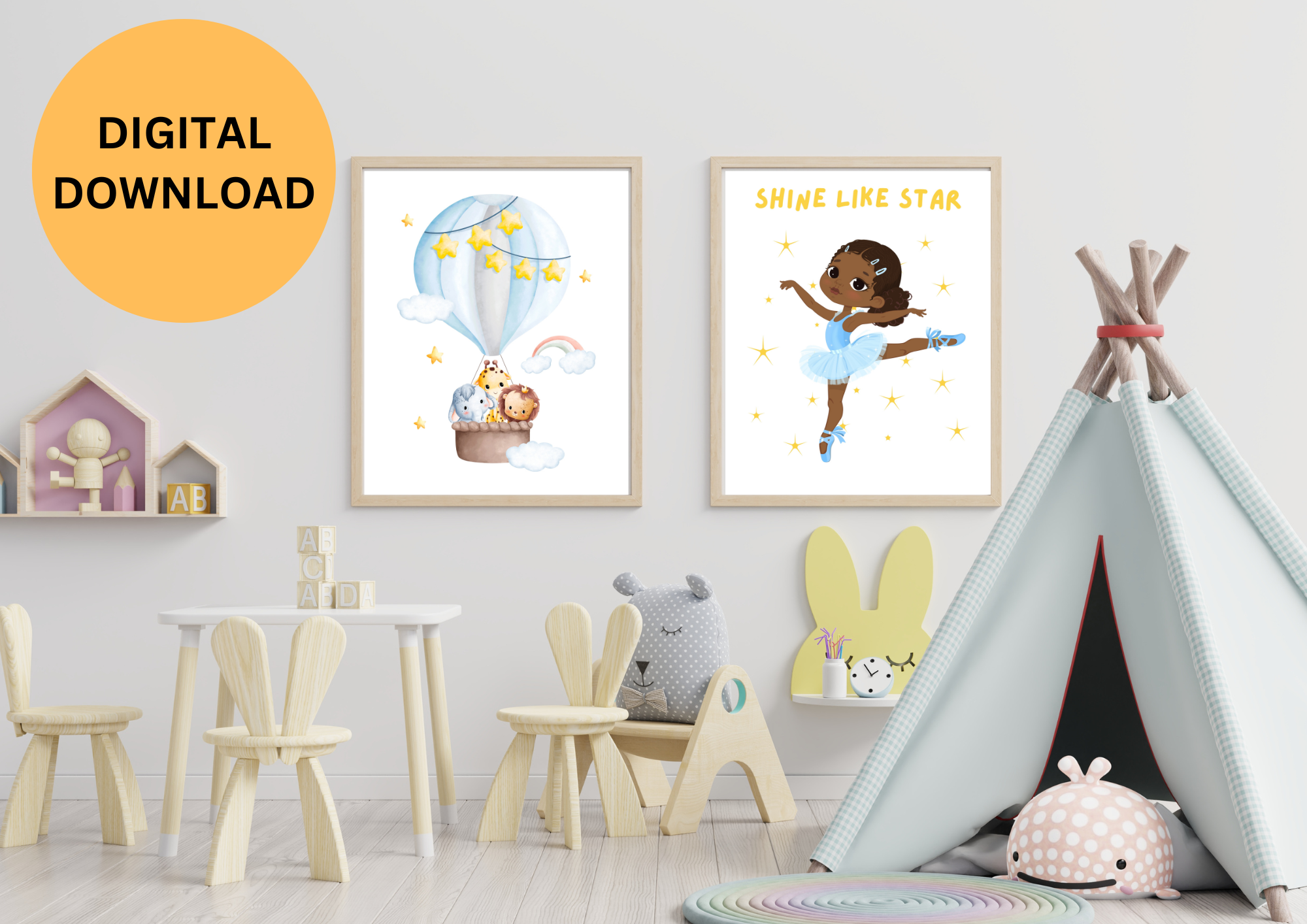 NURSERY KIDS WALL ART, 2 PIECE ,BLUE HOT AIR BALLOON, DANCING GIRL 