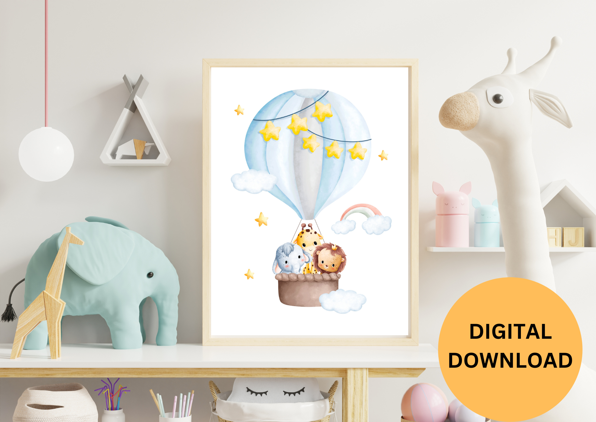 NURSERY KIDS WALL ART, 2 PIECE ,BLUE HOT AIR BALLOON, DANCING GIRL 