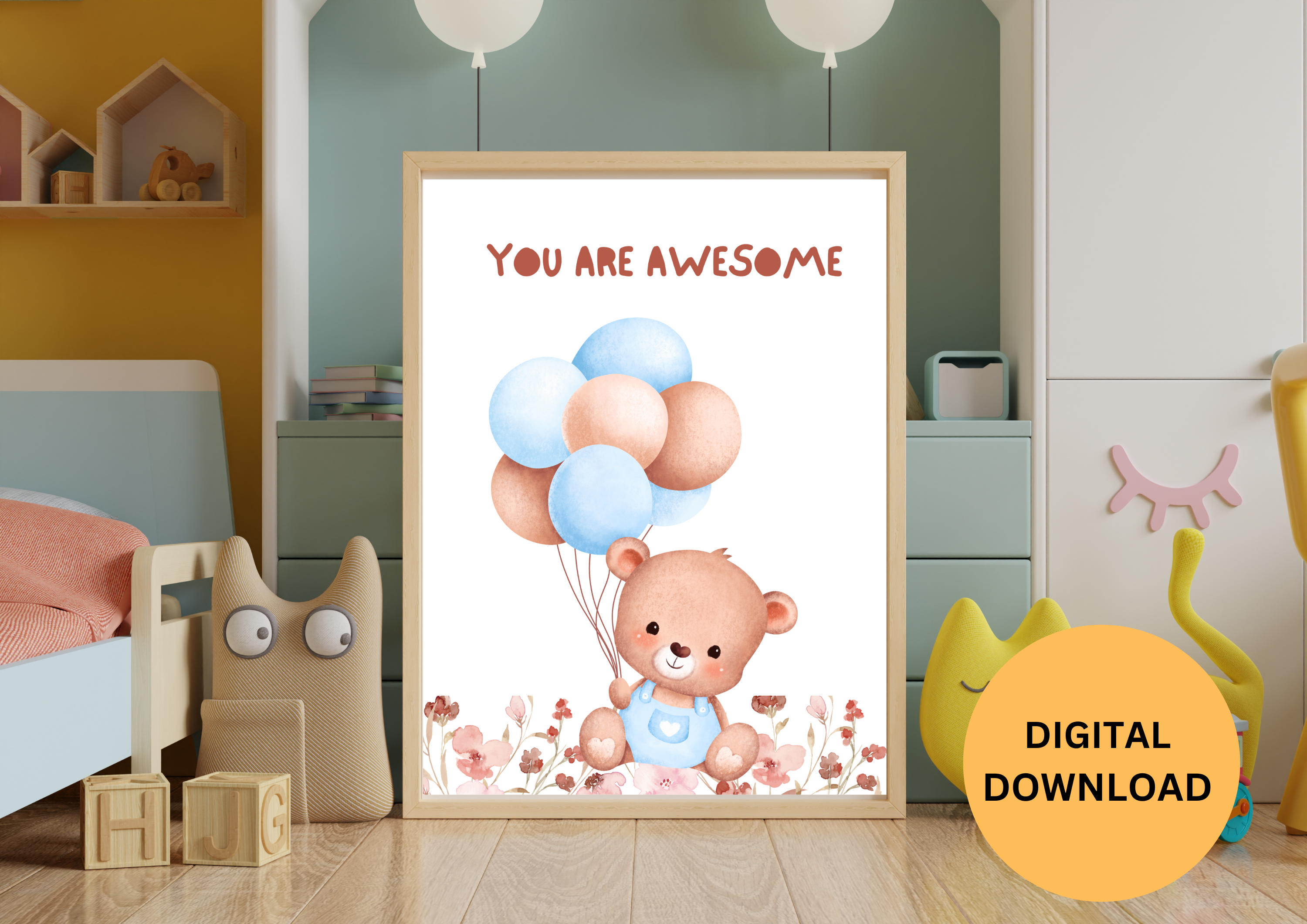 NURSURY WALL ART TEDDY BEAR HOLDING BALLOON , 1 PIACE , TEDDY BEAR,BALLOON 