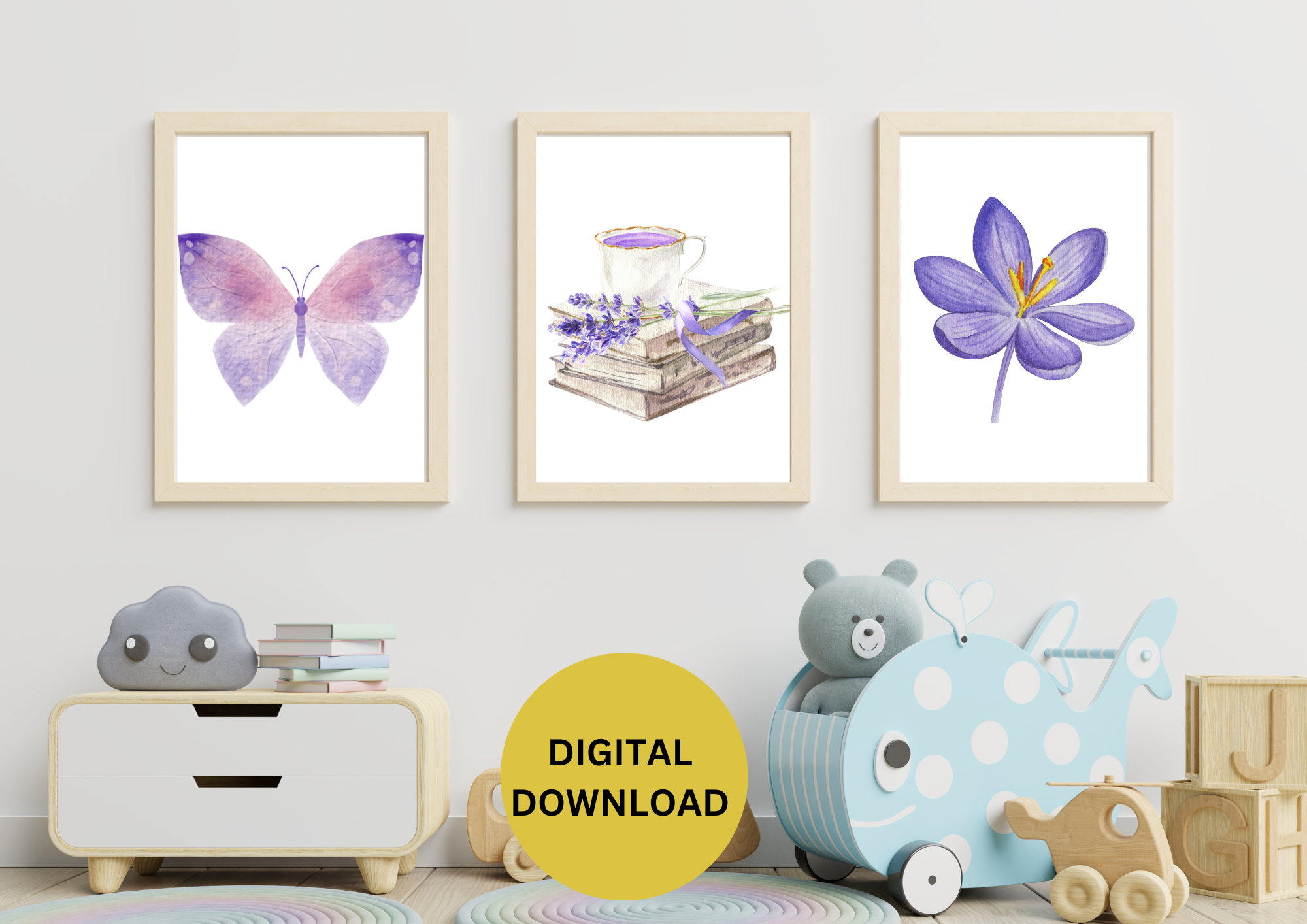 KIDS NURSERY WALL ART , SET OF 3 , PURPLE ,BUTTER FLY NURSERY DECOR , BOOK NURSERY DECOR, FLOWER NURSERY DECORE