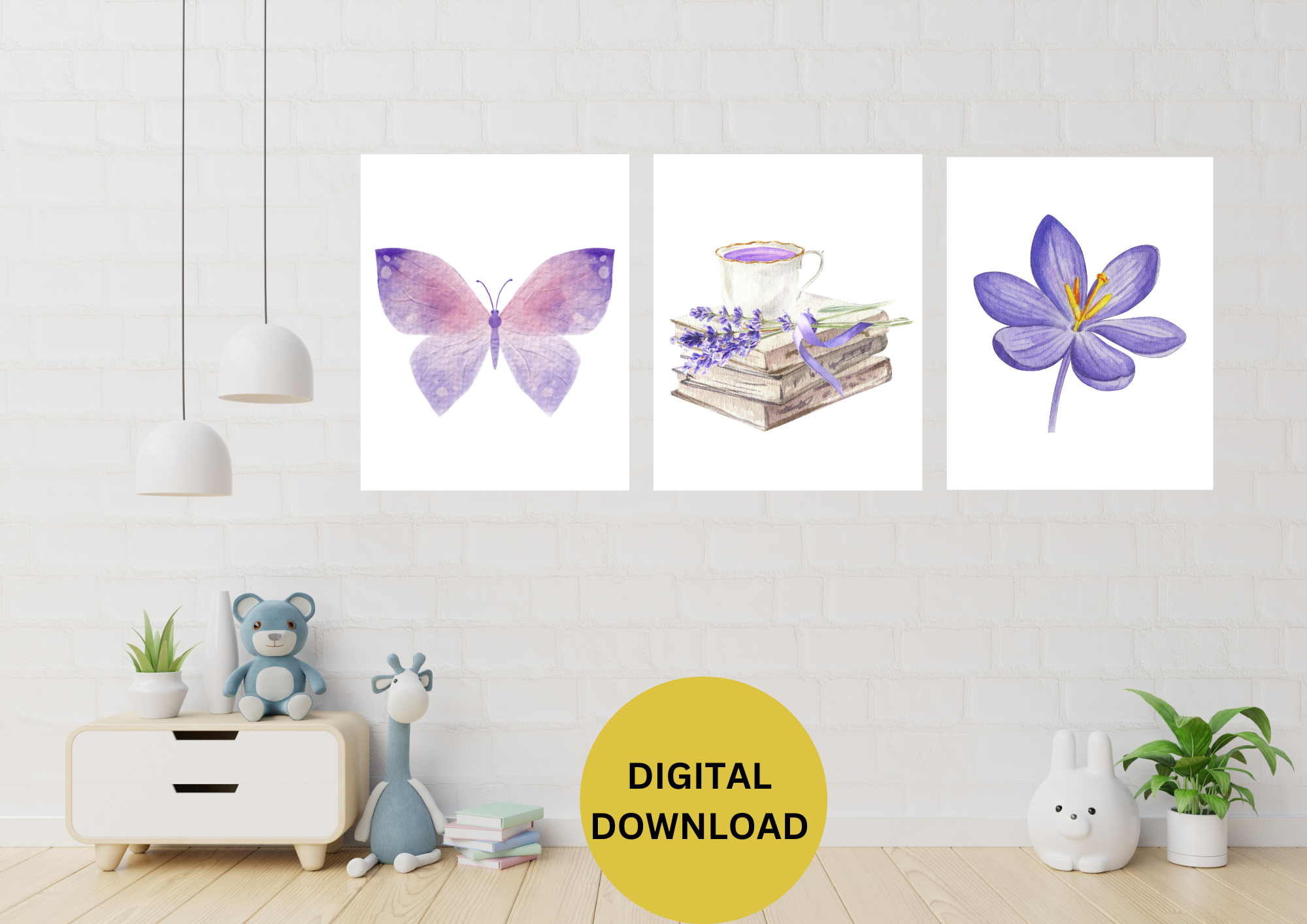 KIDS NURSERY WALL ART , SET OF 3 , PURPLE ,BUTTER FLY NURSERY DECOR , BOOK NURSERY DECOR, FLOWER NURSERY DECORE