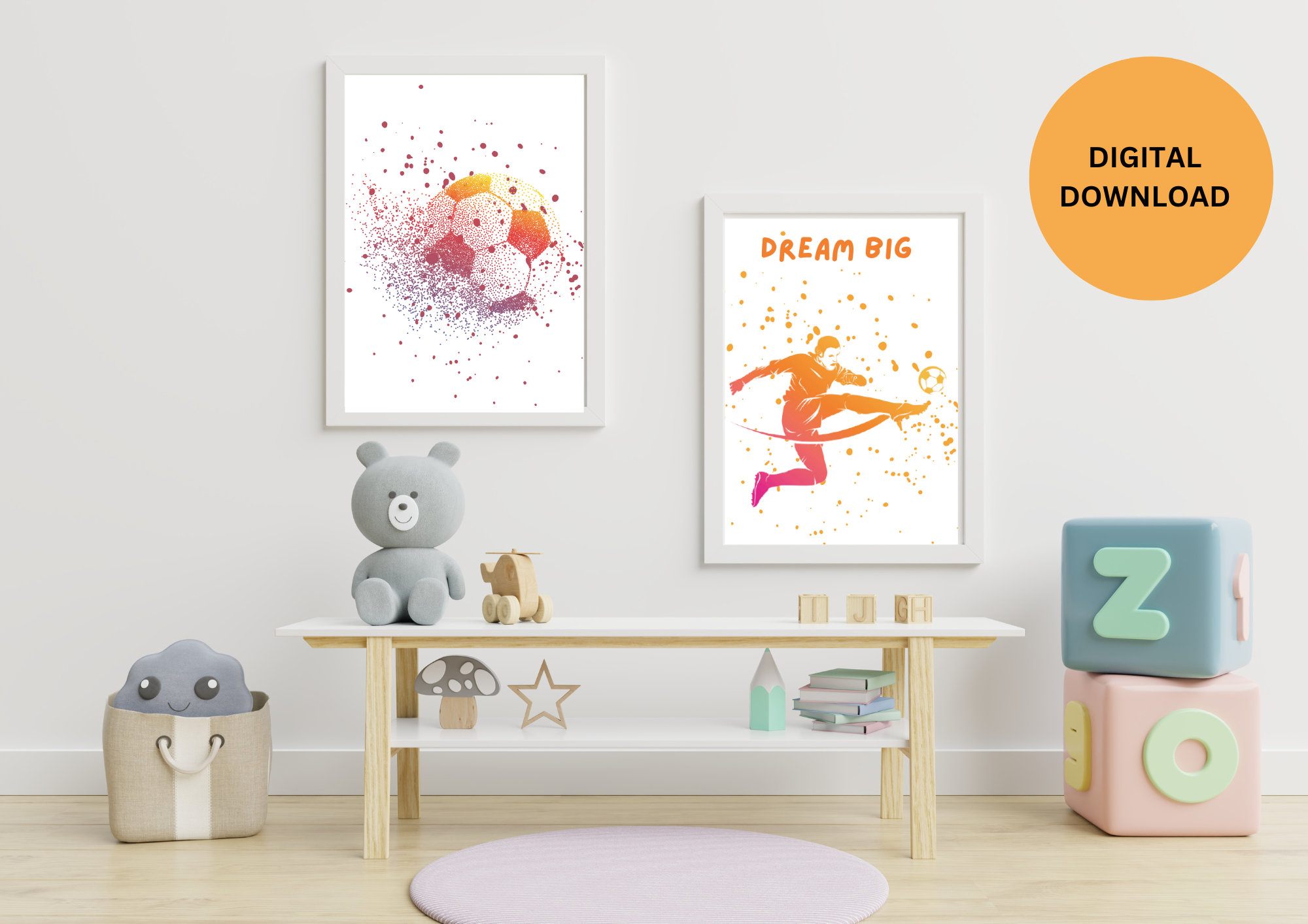 KIDS NURSERY WALL ART ,2 PIECE , FOOTBALL NURSER DECORE , FOOTBALLER NURSERY DECORE , DREAM BIG NURSERY DECORE