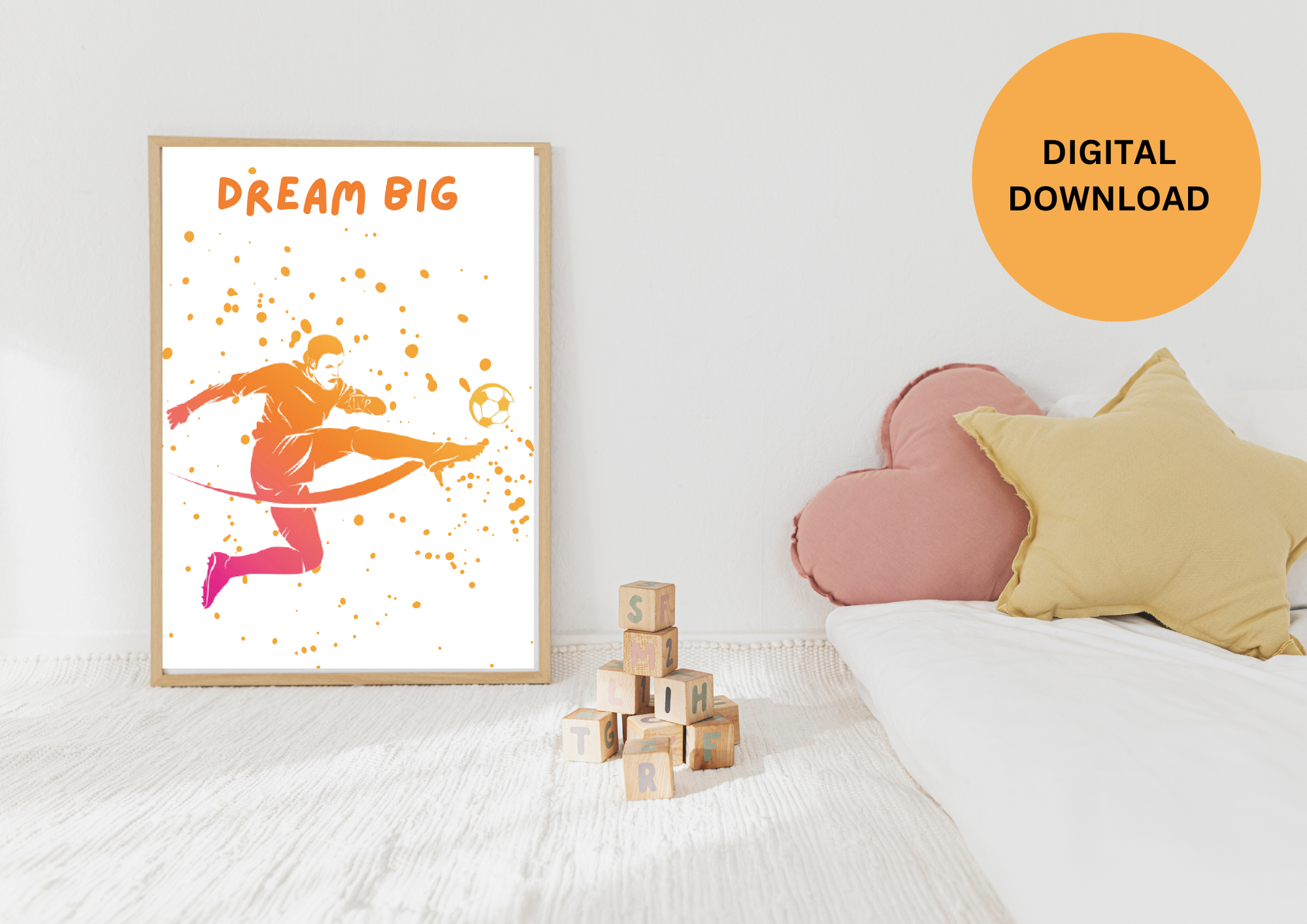 KIDS NURSERY WALL ART ,2 PIECE , FOOTBALL NURSER DECORE , FOOTBALLER NURSERY DECORE , DREAM BIG NURSERY DECORE