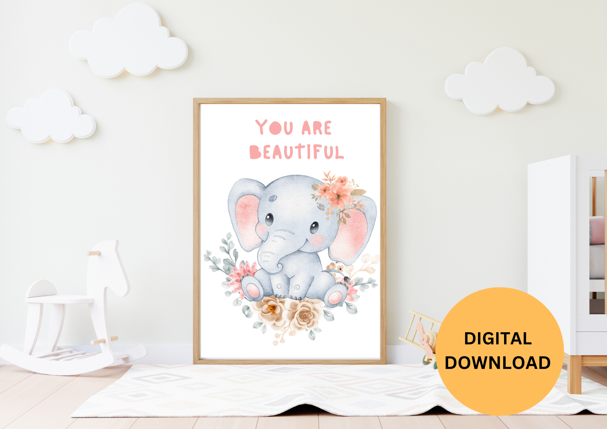 KIDS NURSERY WALL ART , 1 SET ,CUTE ELEPHANT NURSERY DECORE , YOU ARE BEAUTIFUL