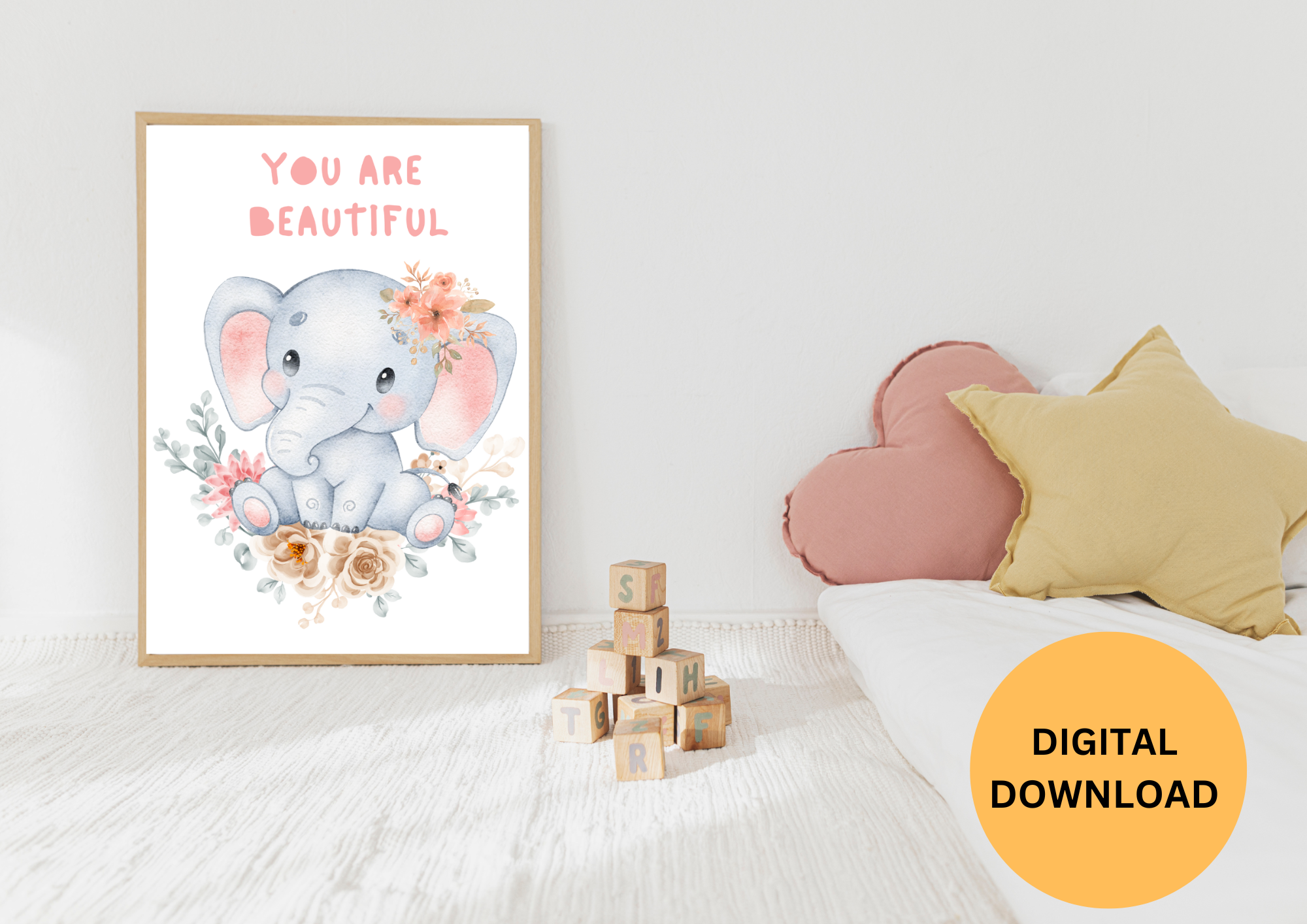 KIDS NURSERY WALL ART , 1 SET ,CUTE ELEPHANT NURSERY DECORE , YOU ARE BEAUTIFUL