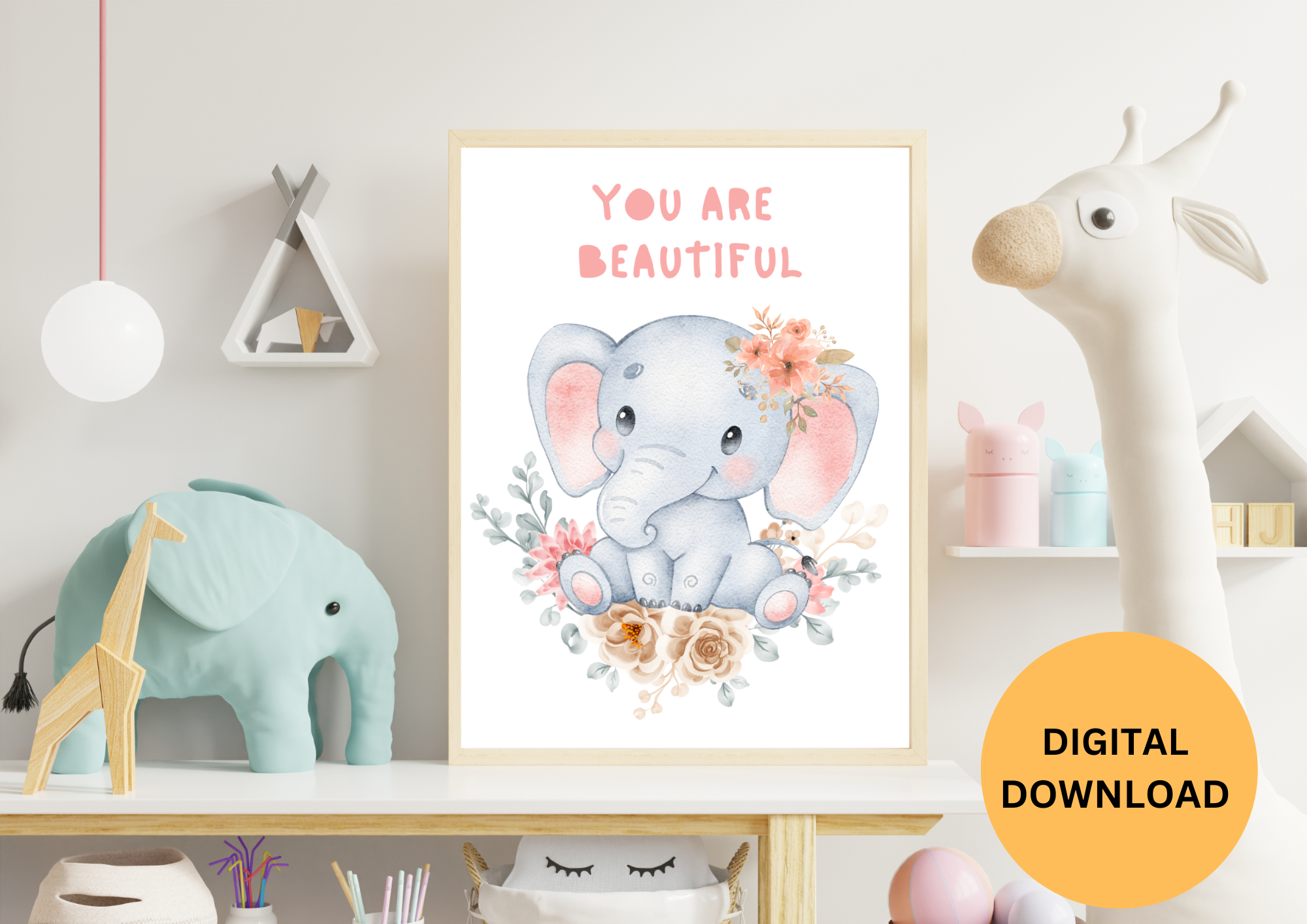KIDS NURSERY WALL ART , 1 SET ,CUTE ELEPHANT NURSERY DECORE , YOU ARE BEAUTIFUL