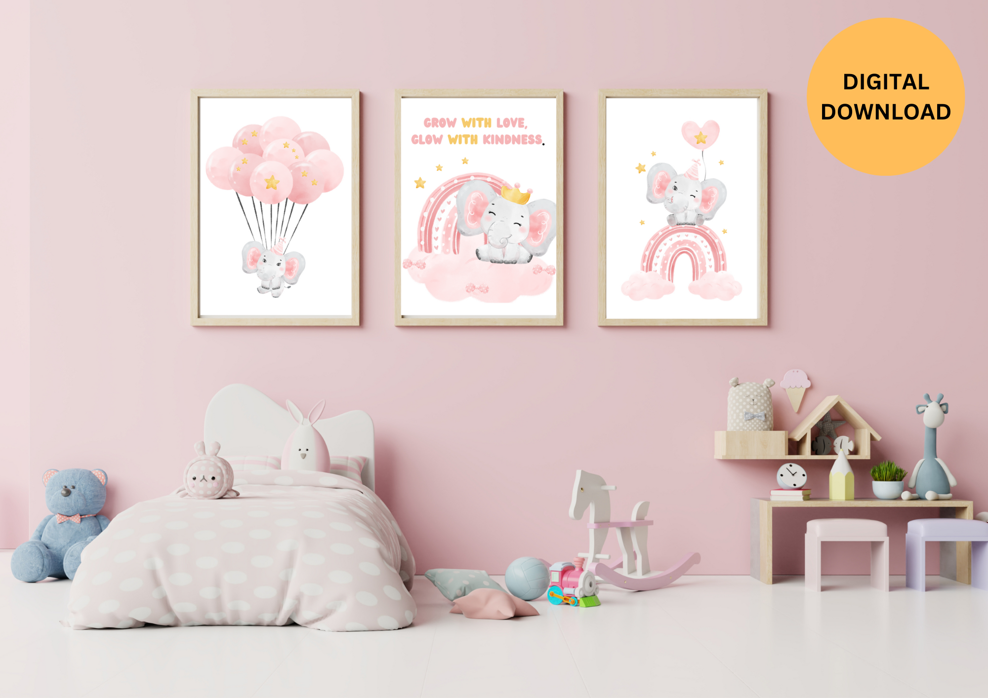 KIDS NURSERY WALL ART , SET OF 3, BABY CUTE ELEPHANT , ELEPHANT NURSERY DECORE , RAINBOW NURSERY DECORE ,BALLOON NURSERY DECORE, HEART NURSERY ,GROW WITH LOVEDECORE 