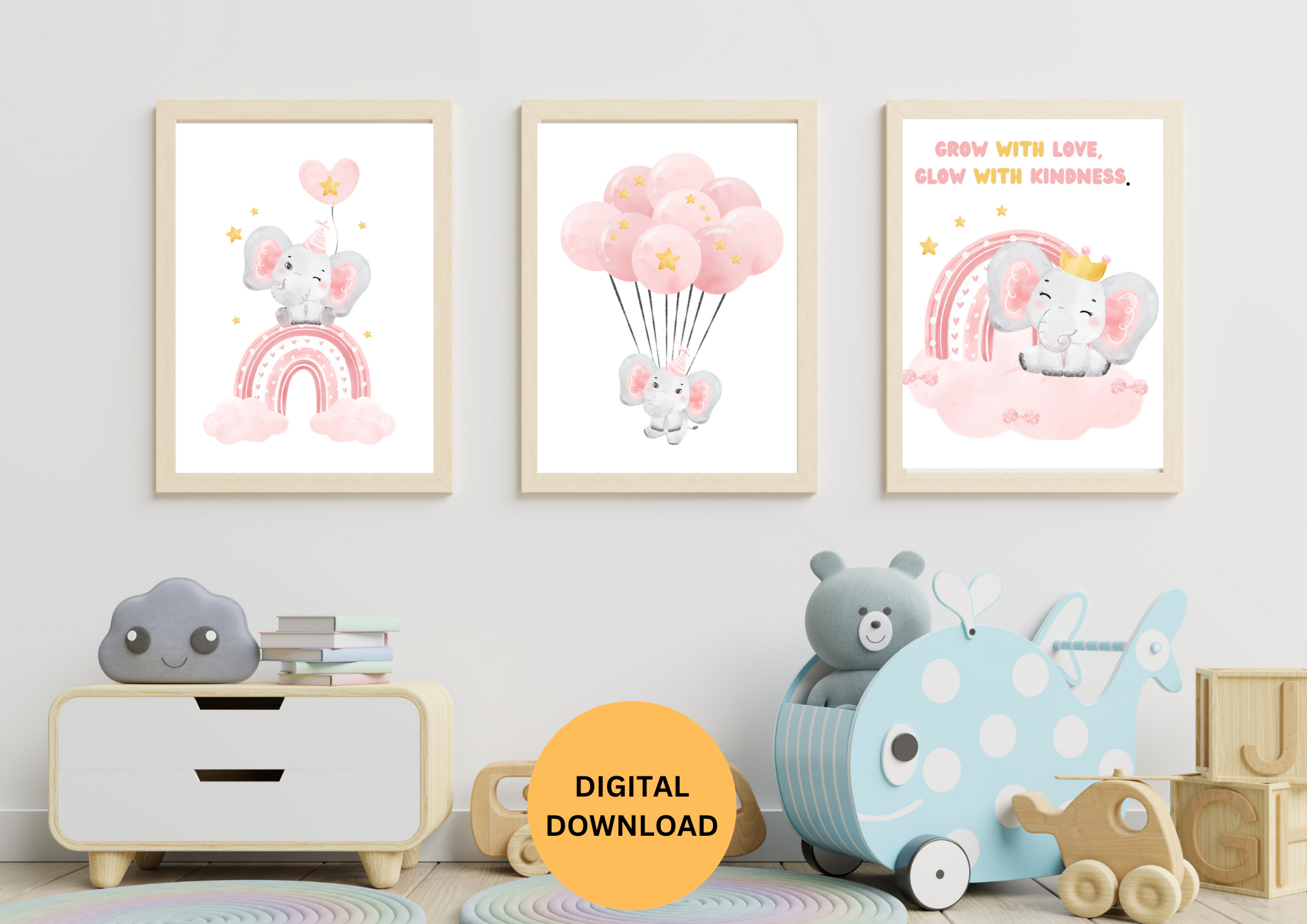 KIDS NURSERY WALL ART , SET OF 3, BABY CUTE ELEPHANT , ELEPHANT NURSERY DECORE , RAINBOW NURSERY DECORE ,BALLOON NURSERY DECORE, HEART NURSERY ,GROW WITH LOVEDECORE 