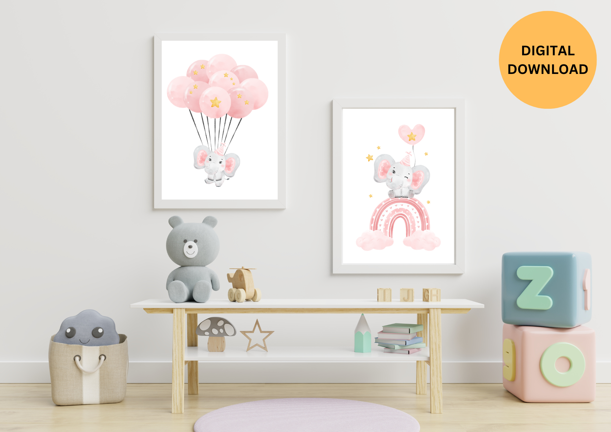 KIDS NURSERY WALL ART , SET OF 3, BABY CUTE ELEPHANT , ELEPHANT NURSERY DECORE , RAINBOW NURSERY DECORE ,BALLOON NURSERY DECORE, HEART NURSERY ,GROW WITH LOVEDECORE 