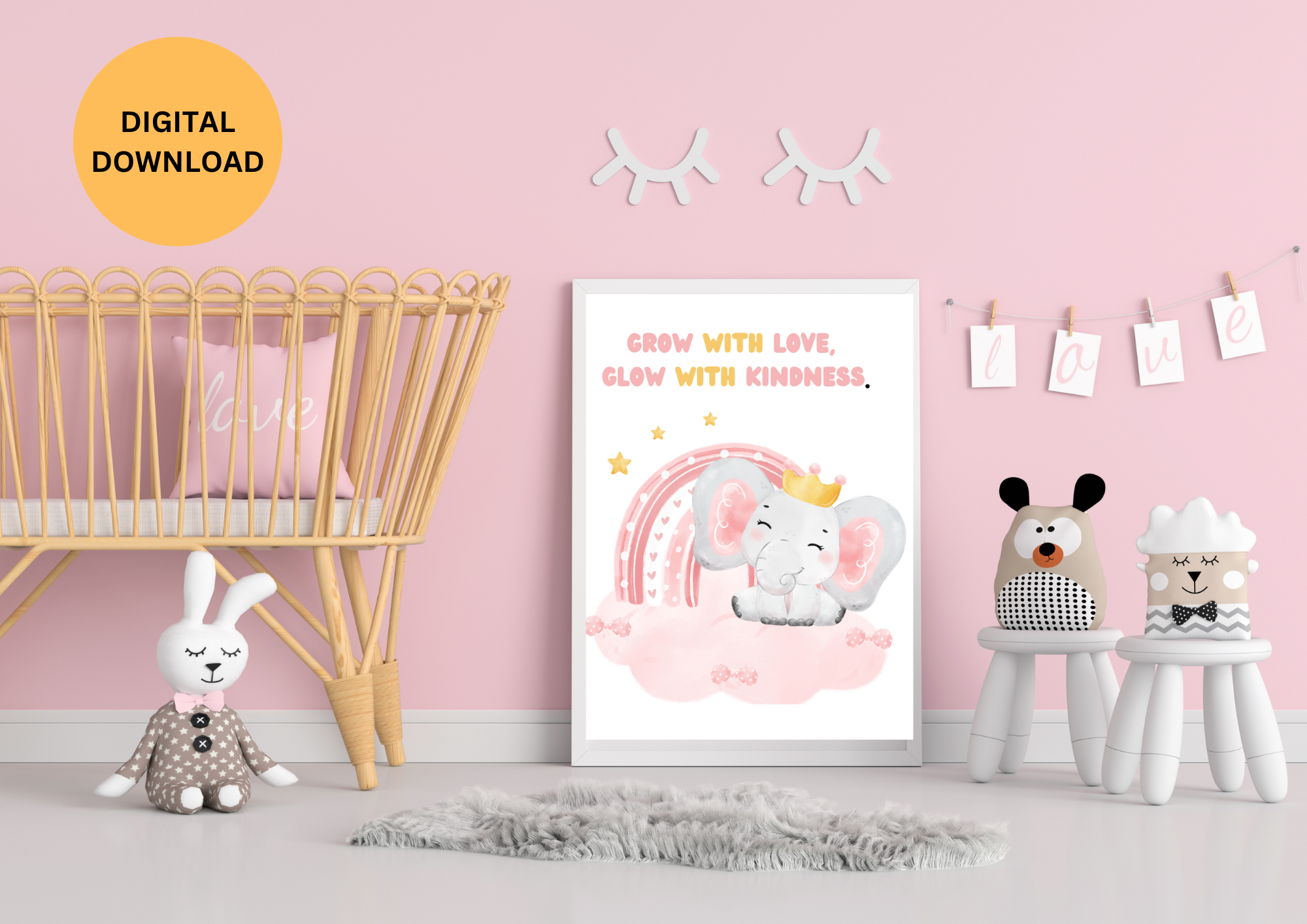 KIDS NURSERY WALL ART , SET OF 3, BABY CUTE ELEPHANT , ELEPHANT NURSERY DECORE , RAINBOW NURSERY DECORE ,BALLOON NURSERY DECORE, HEART NURSERY ,GROW WITH LOVEDECORE 