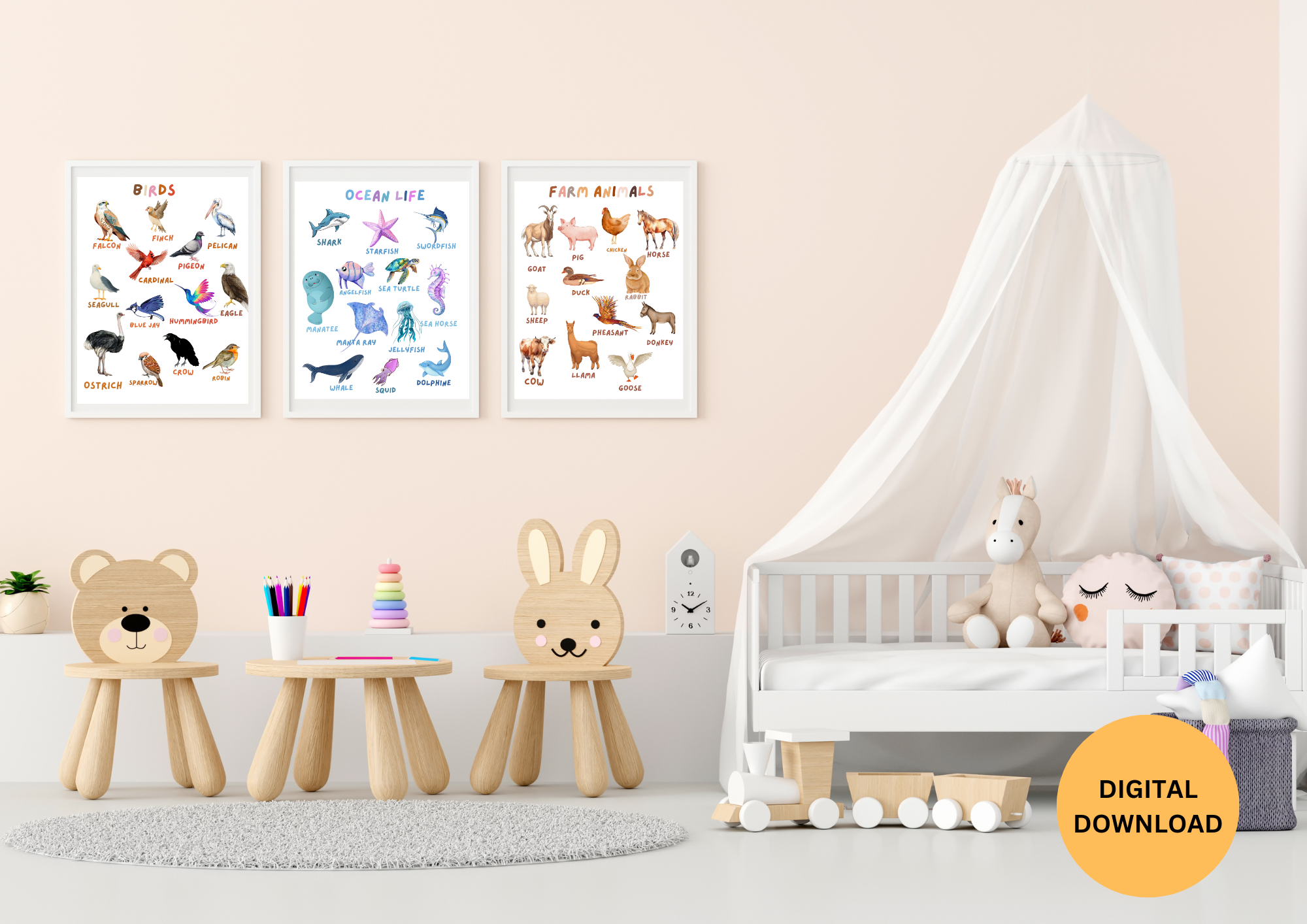 Animals , alphabets and numbers Nursery  animals wall art 