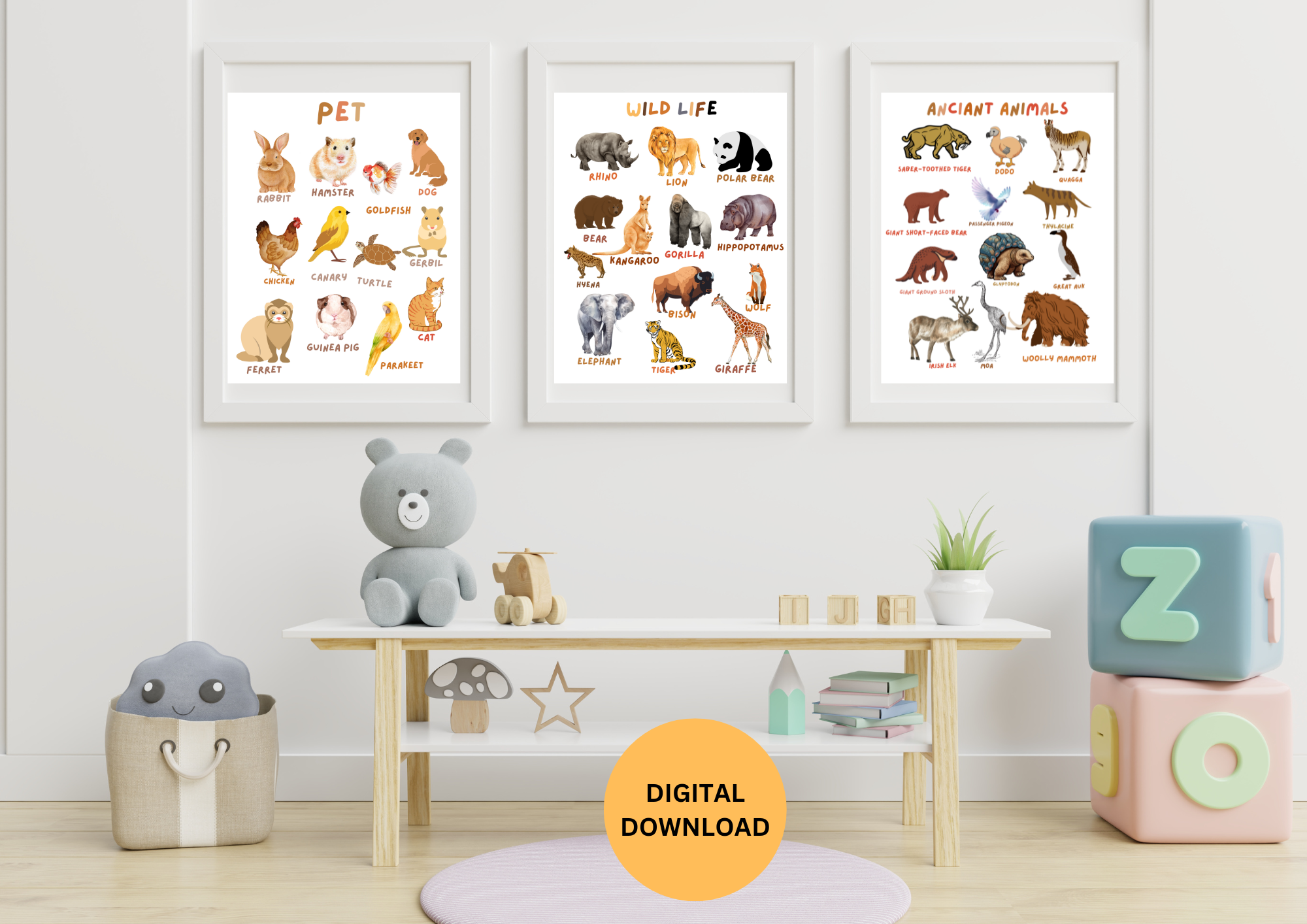 Animals , alphabets and numbers Nursery  animals wall art 