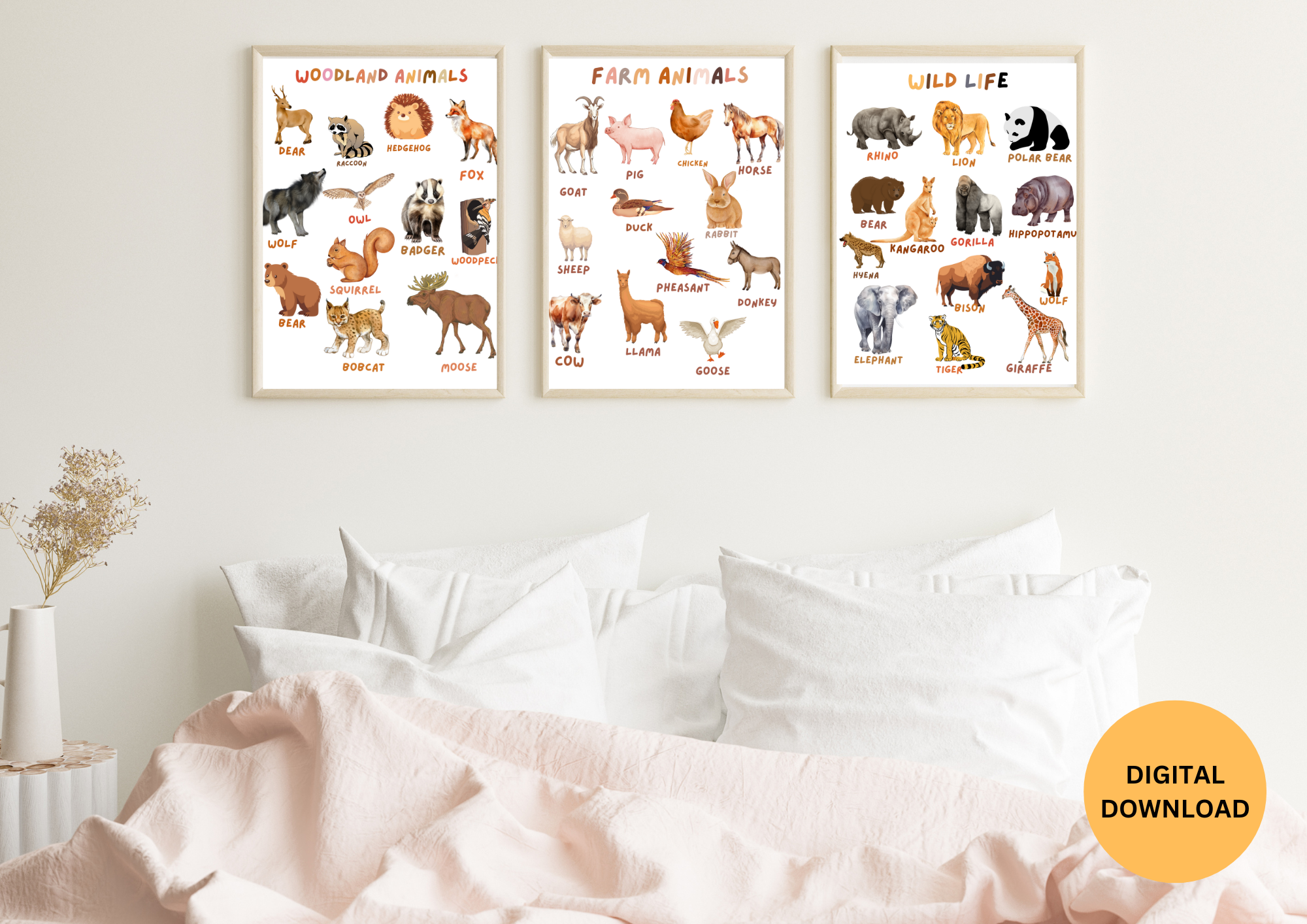 Animals , alphabets and numbers Nursery  animals wall art 
