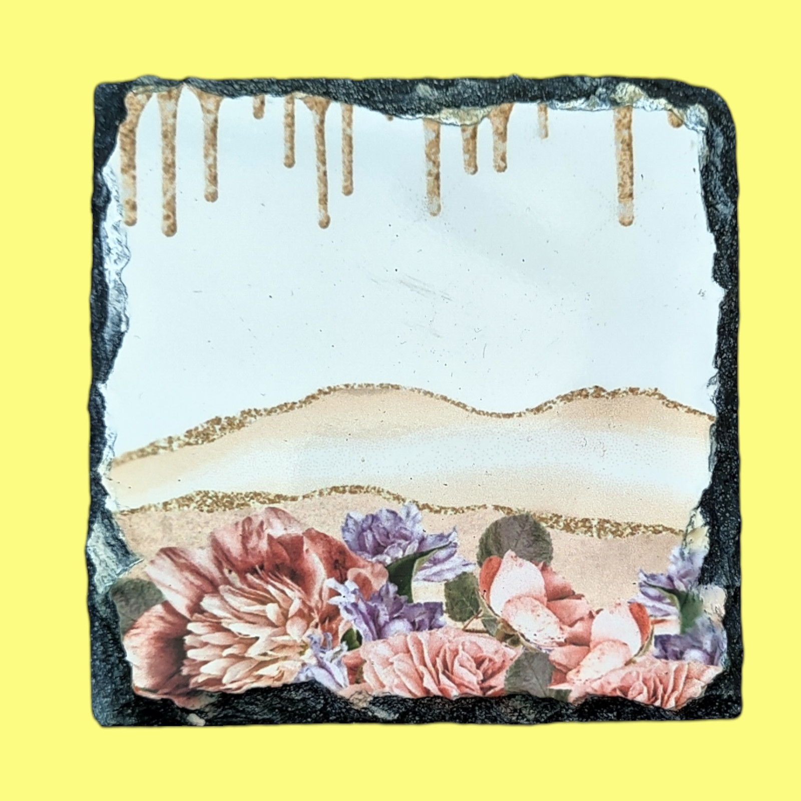 Square slate coaster - Flowers and drips