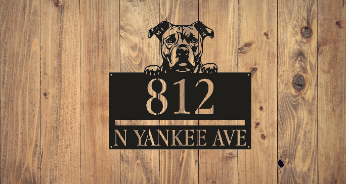 Peeking Dog Address with Road Sign