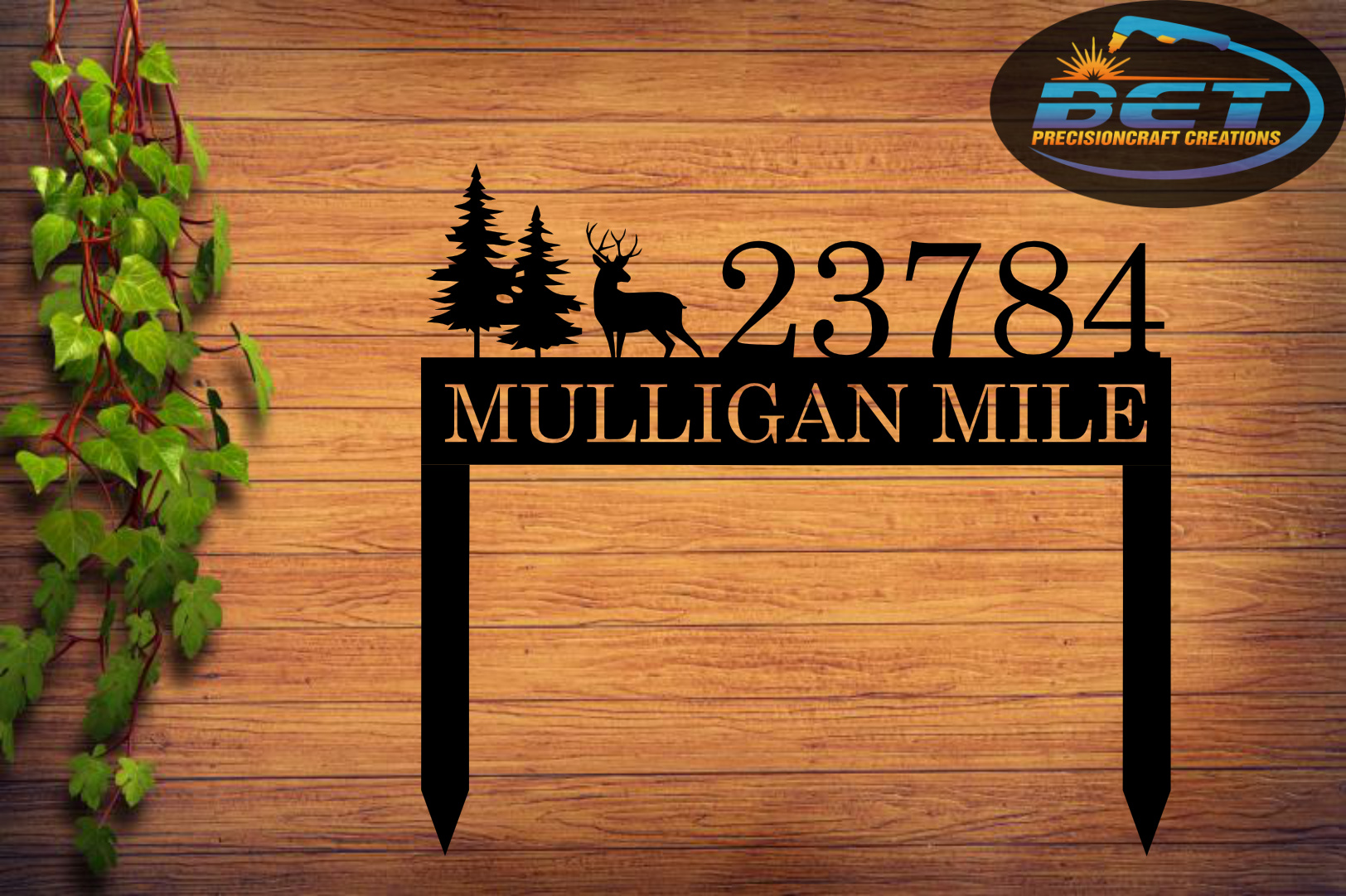 Horizontal Address Sign With Border and Stakes W/ Deer/Trees