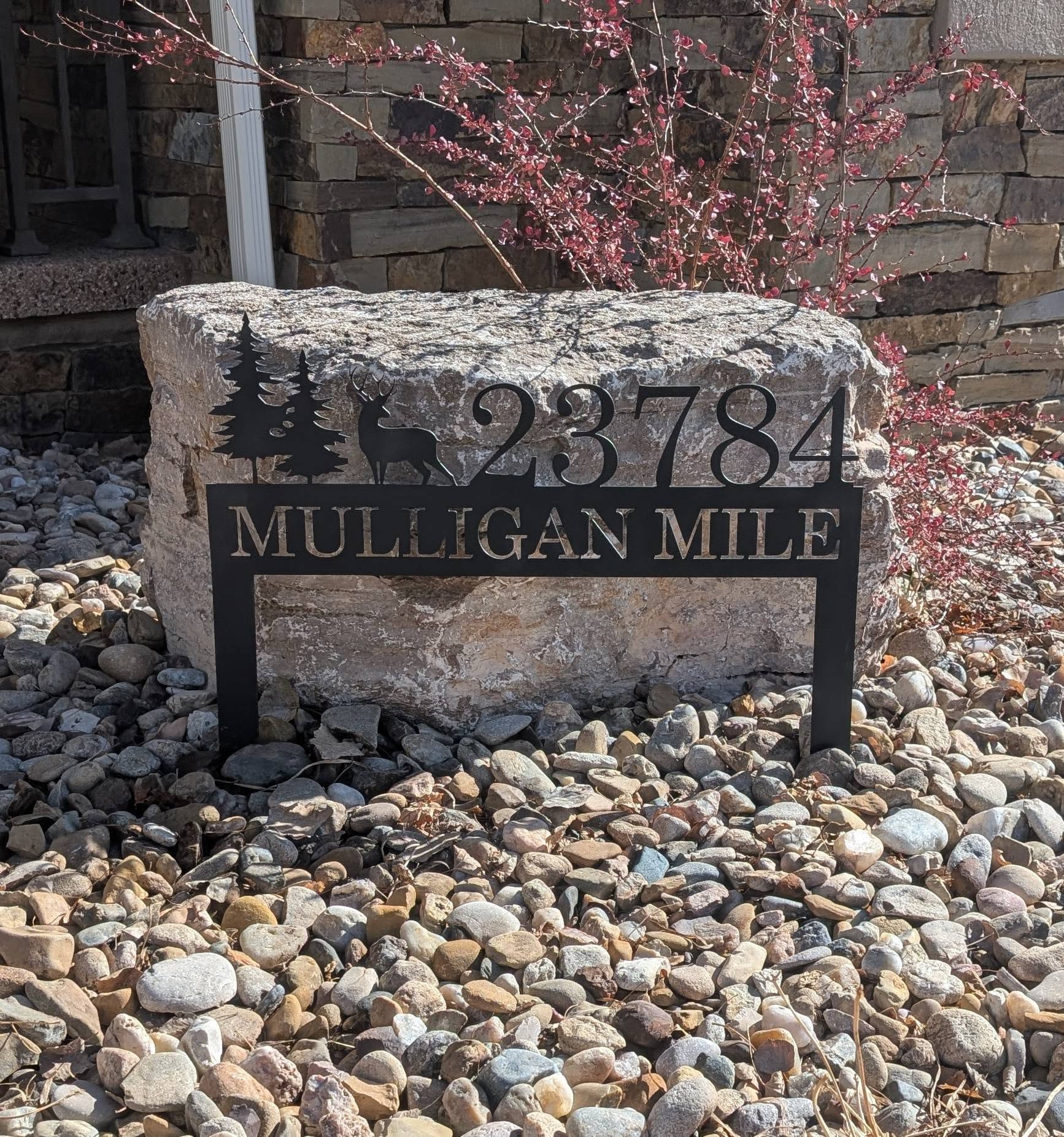 Horizontal Address Sign With Border and Stakes W/ Deer/Trees